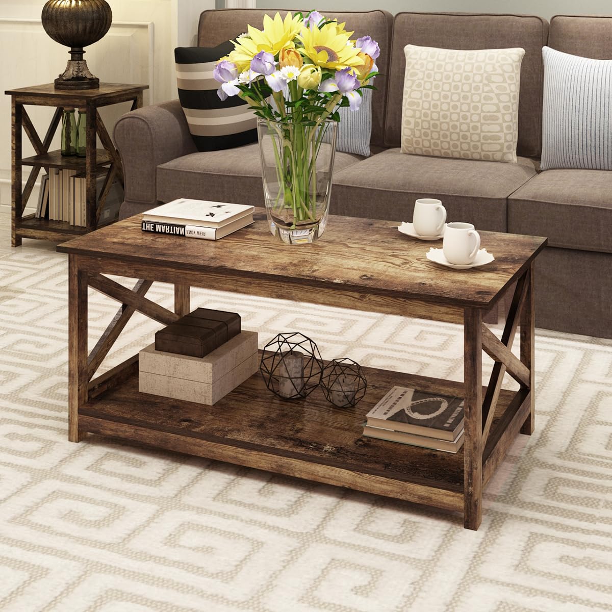 Rainbow Sophia Coffee Table - 40 Inch Modern Farmhouse Wood Coffee Table with 2-Tier Storage, Rustic Style - Perfect for Living Room, Lounge, and Home Decor