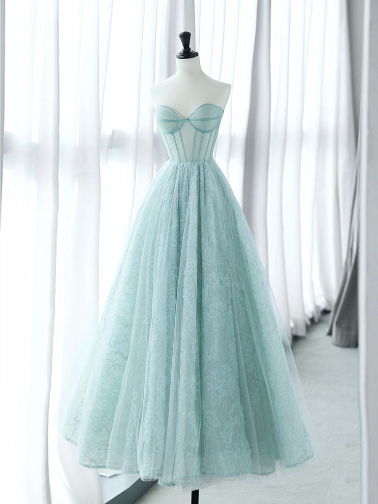 Elegant A-Line Sweetheart Neck Tulle Lace Blue Long Prom Dress - Formal Evening Gown for Homecoming, Ball, Wedding & Special Occasions