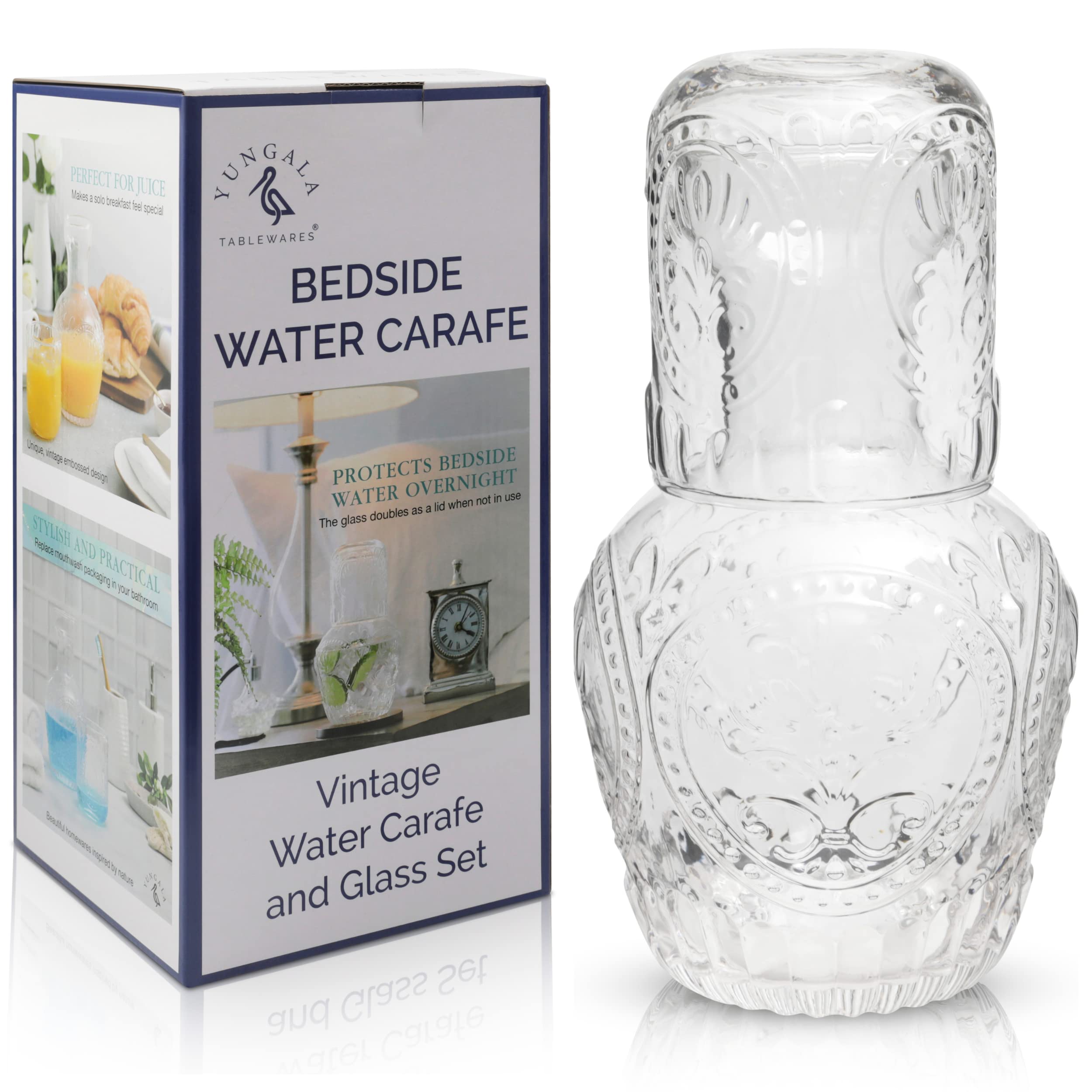 Vintage Glass Water Carafe and Cup Set - Nightstand Hydration Carafe with Glass for Bedroom, Office, or Travel - Perfect for Nighttime Hydration, Mouthwash Dispenser, or Small Water Pitcher