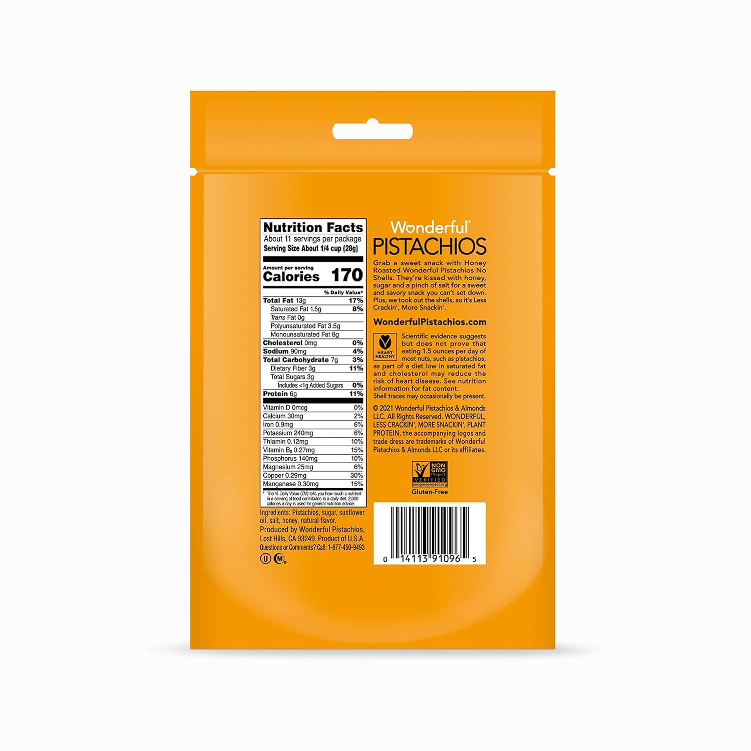 Wonderful Pistachios No Shells, Honey Roasted Nuts - 11oz Resealable Bag | High Protein Snack, Gluten Free, Healthy Snacks for Work, Travel & On-the-Go