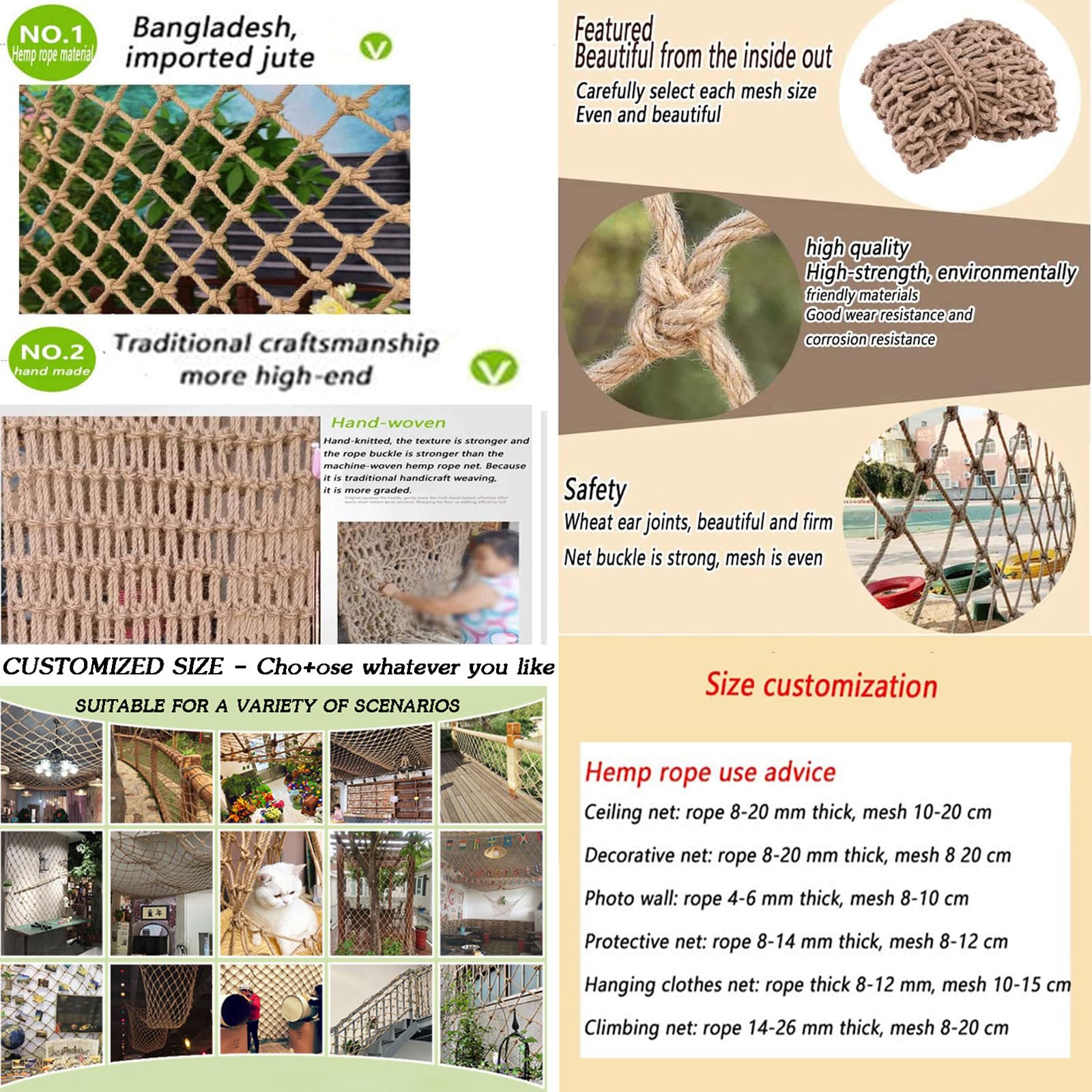 Premium Hemp Safety Net for Kids - Heavy Duty Climbing & Playground Protection (6.6x13.1ft) - Balcony, Stairs, Garden & Indoor/Outdoor Safety Mesh (0.31in Rope, 3.94in Mesh) - Perfect for Play Areas, Tree Houses, and Childproofing Spaces