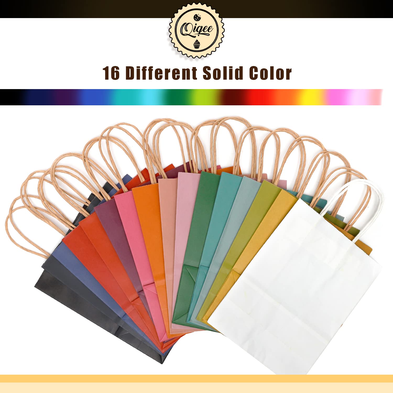 qiqee 32-Pack Small Gift Bags with Handles - 8.26x6x3.15 Inches Bulk Kraft Paper Bags - 16 Elegant Colors for Party Favors, Wedding, Birthday, Baby Shower & Retail Packaging