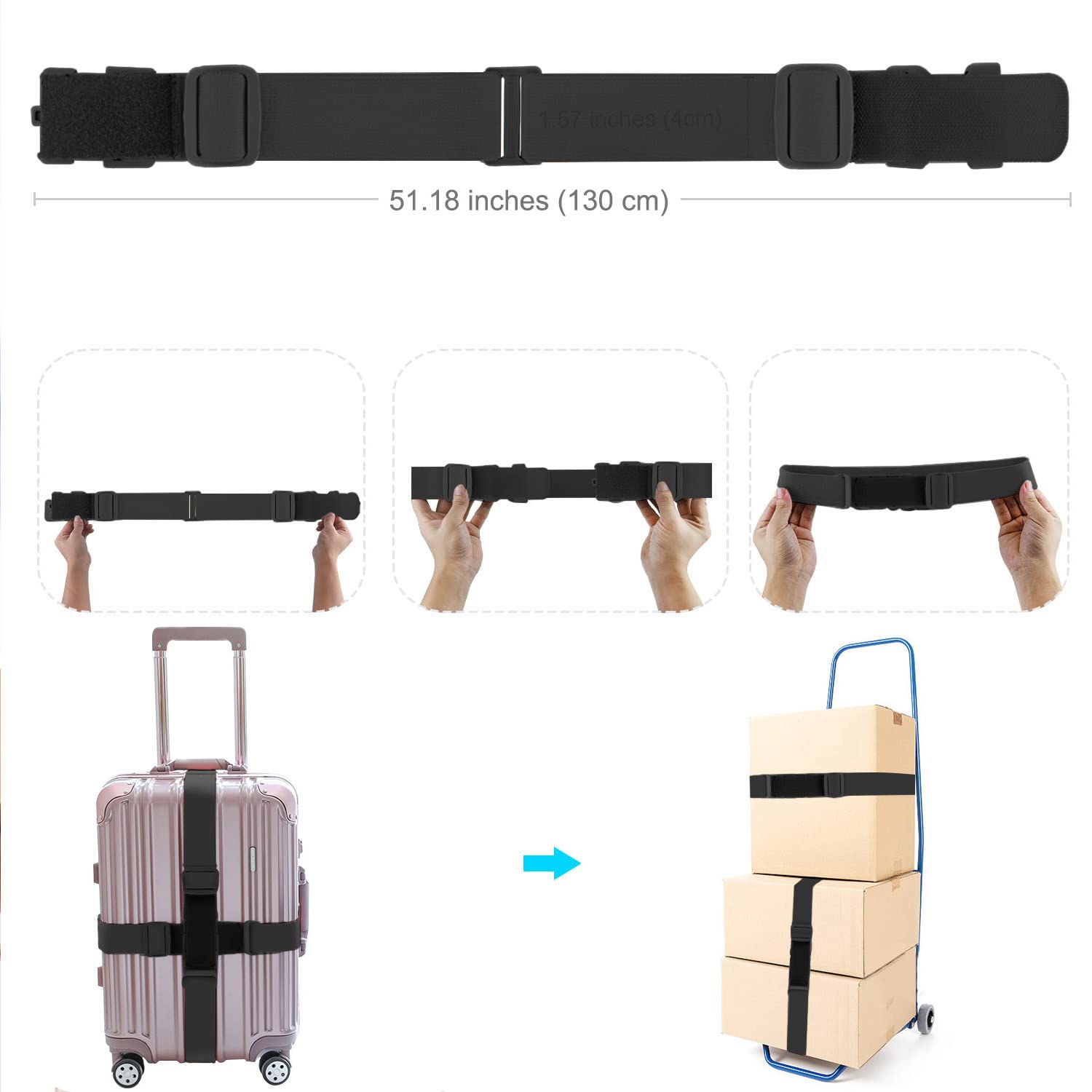 ZINZ 2-Pack Heavy Duty Elastic Luggage Straps with Anti-Pinch Buckles - Adjustable Suitcase Bungee Belts for Travel (1 Short & 1 Long, Black) | Secure & Organize Luggage for Airplane, Train & Road Trips