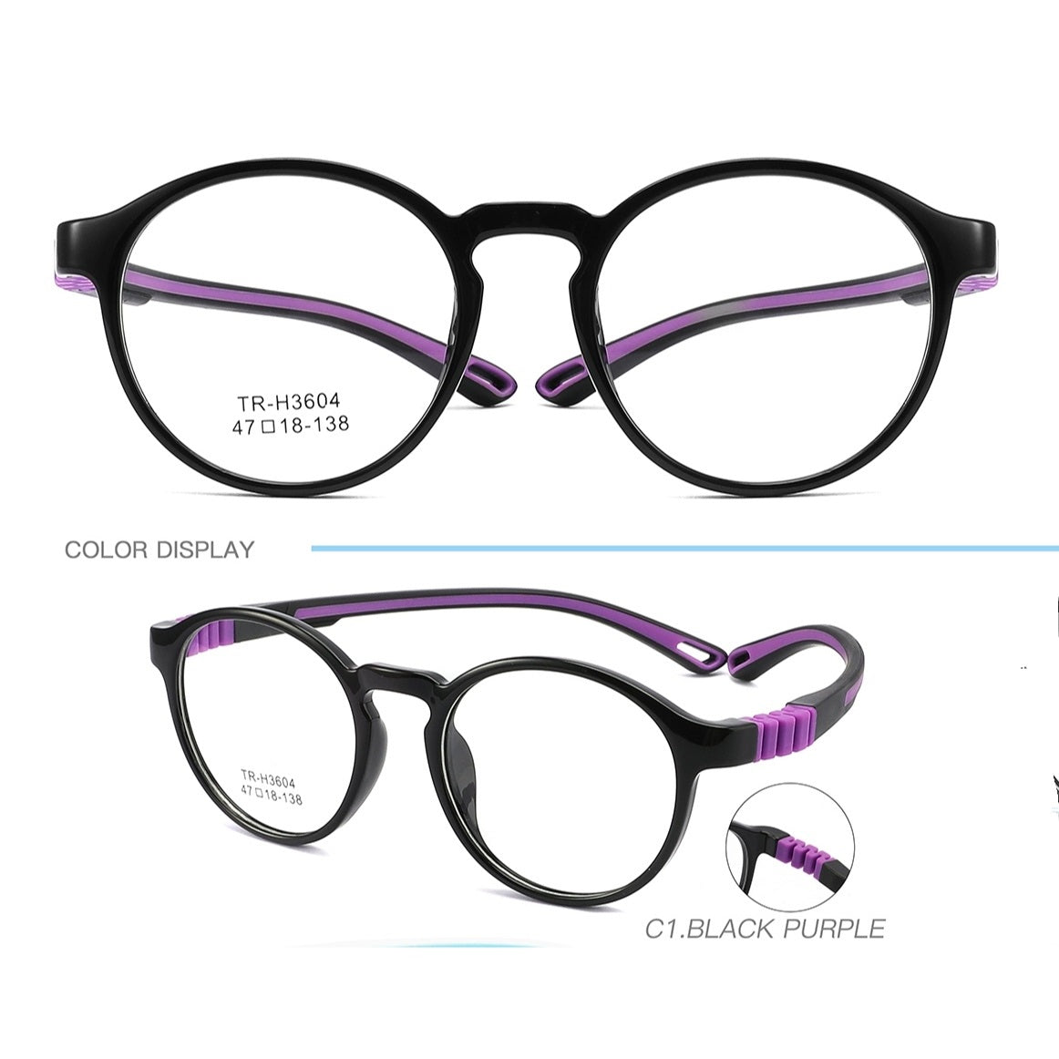 Unbreakable Kids Glasses Round Frame TR 6804 Black Purple - Shatterproof Eyewear for Children's School, Sports & Outdoor Activities
