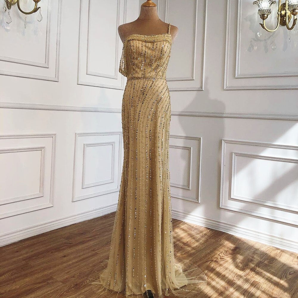 Luxury Gold Mermaid Evening Dress with Beading & Sparkle - One Shoulder Formal Gown for Women | Perfect for Dubai Parties, Prom, Red Carpet & Special Occasions