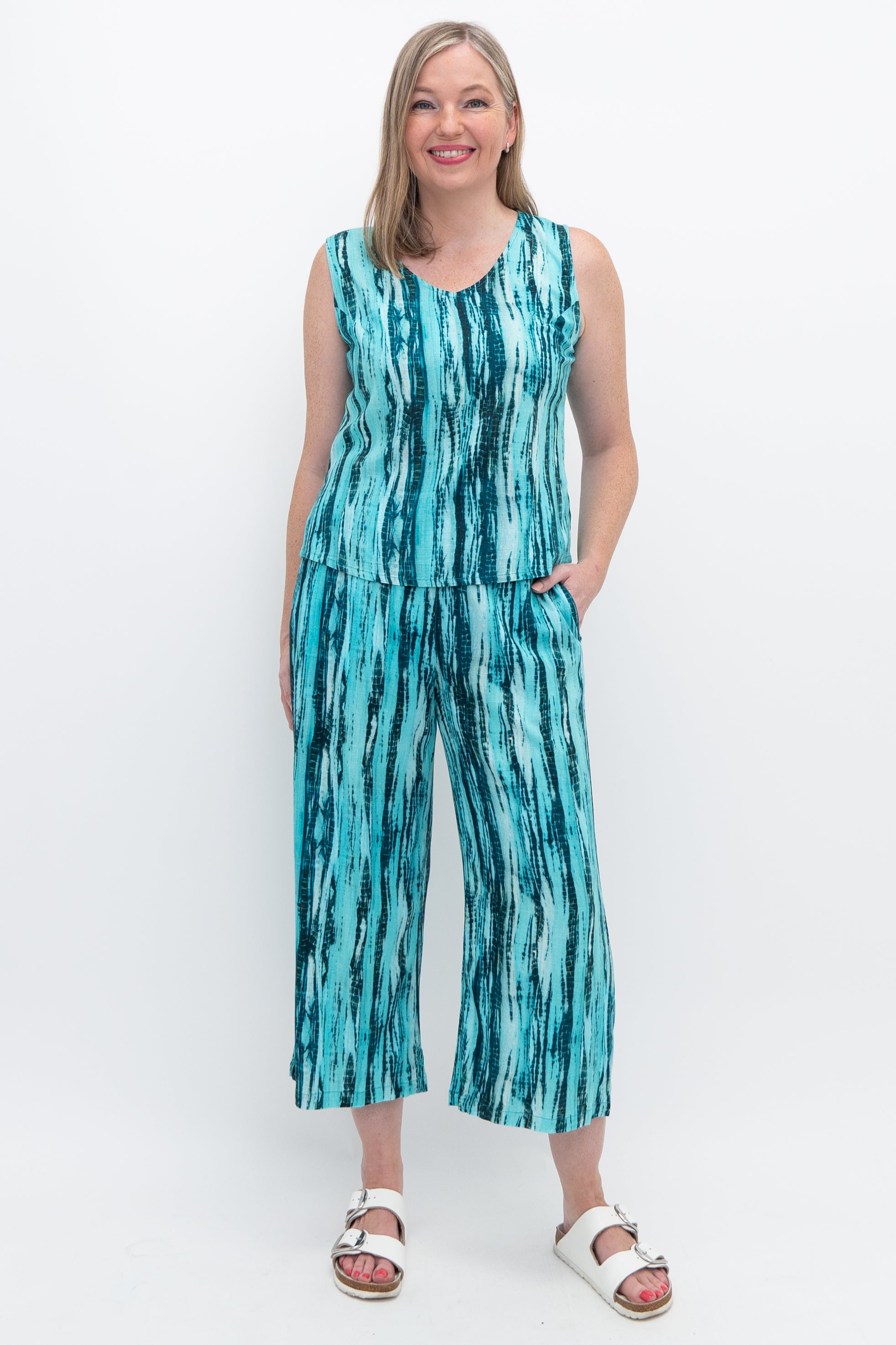Landon Capri Pants - Teal Tie Dye Linen Bamboo Blend - Comfortable & Breathable for Yoga, Beach & Summer Wear