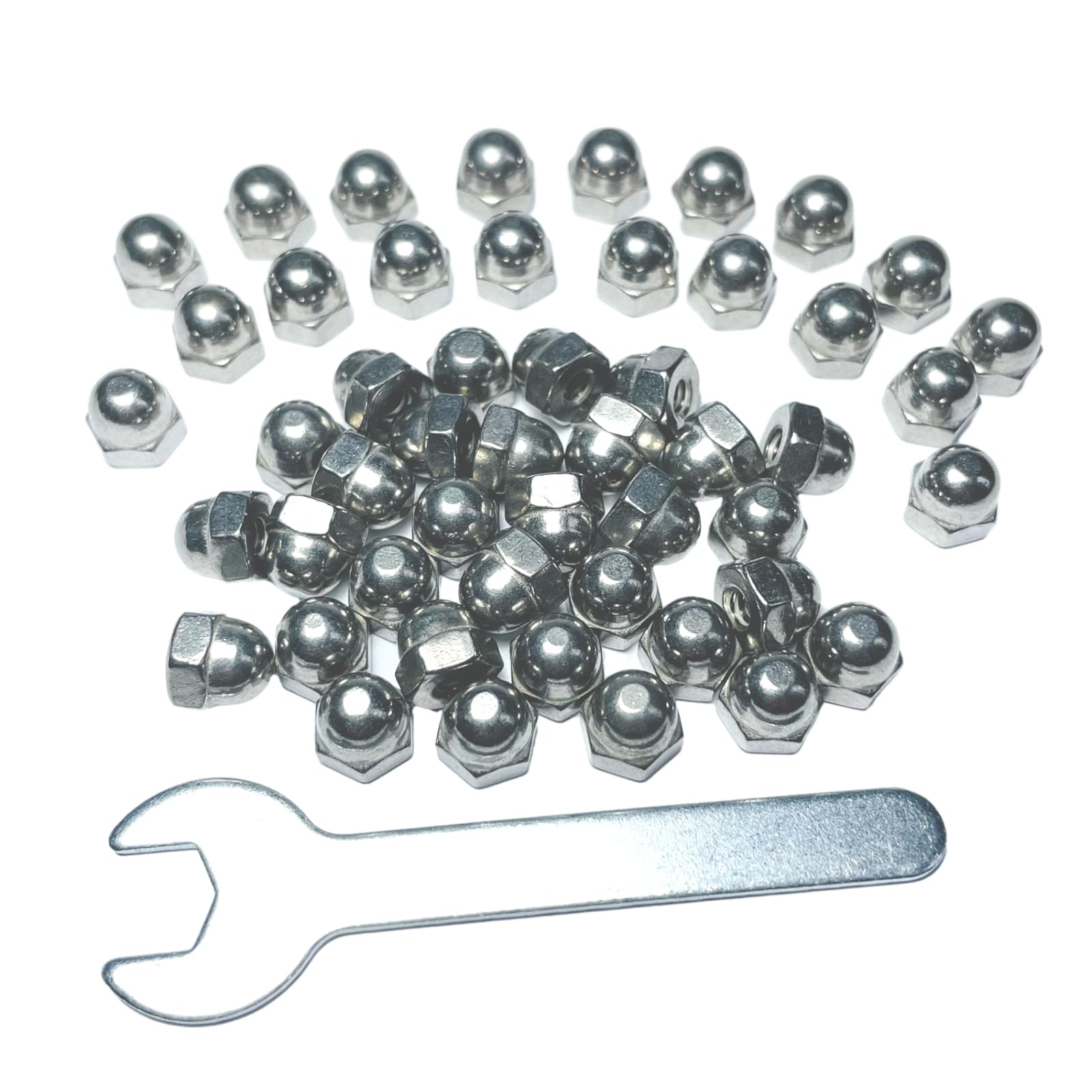 50pcs #8-32 Acorn Cap Nuts, 304 Stainless Steel Dome Head Hex Nuts with Bright Finish - 18-8 Grade Hardware Nuts for Furniture, Automotive & DIY Projects - Includes Open End Wrench for Easy Installation