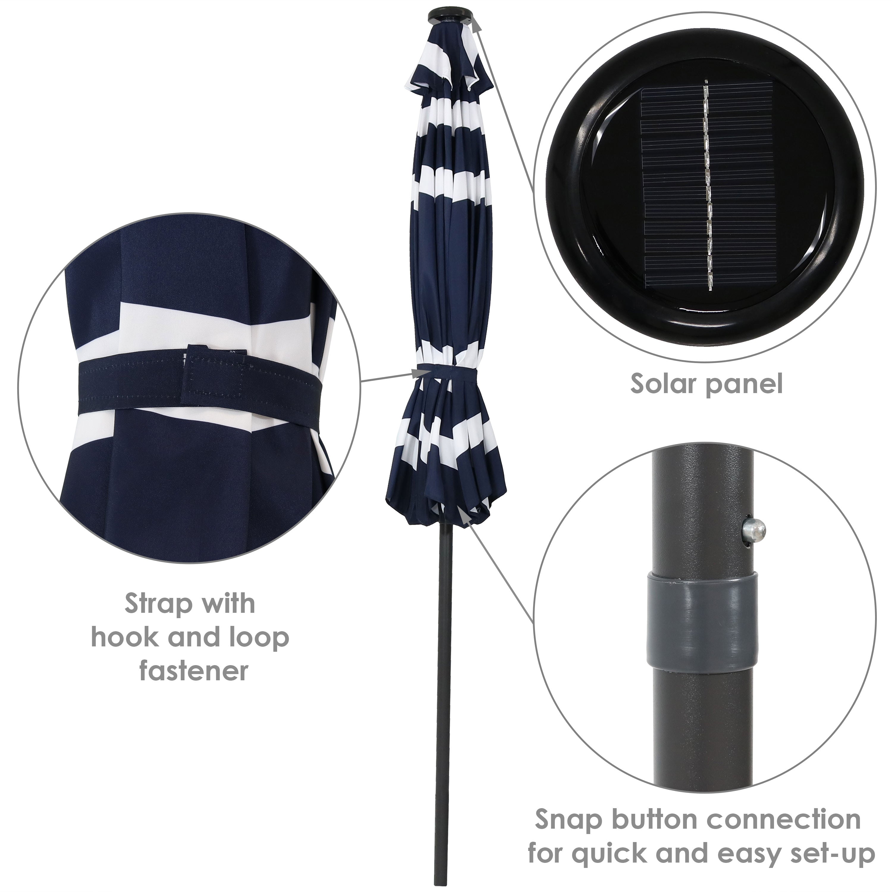 Sunnydaze 9-Foot Striped Outdoor Patio Umbrella with Built-in Solar LED Lights - Perfect for Backyard, Poolside, and Beach Relaxation