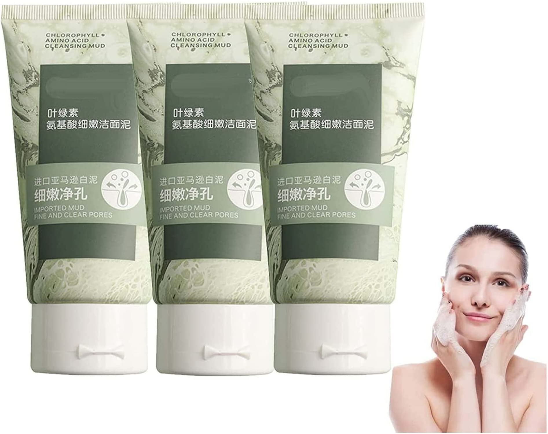 **Chlorophyll Amino Acid Facial Cleansing Mud - Deep Pore Cleanser for Blackhead Removal, Oil Balancing & Skin Clarifying | Gentle Exfoliator for Sensitive Skin (3-Pack) | Perfect for Daily Skincare & Acne-Prone Skin**