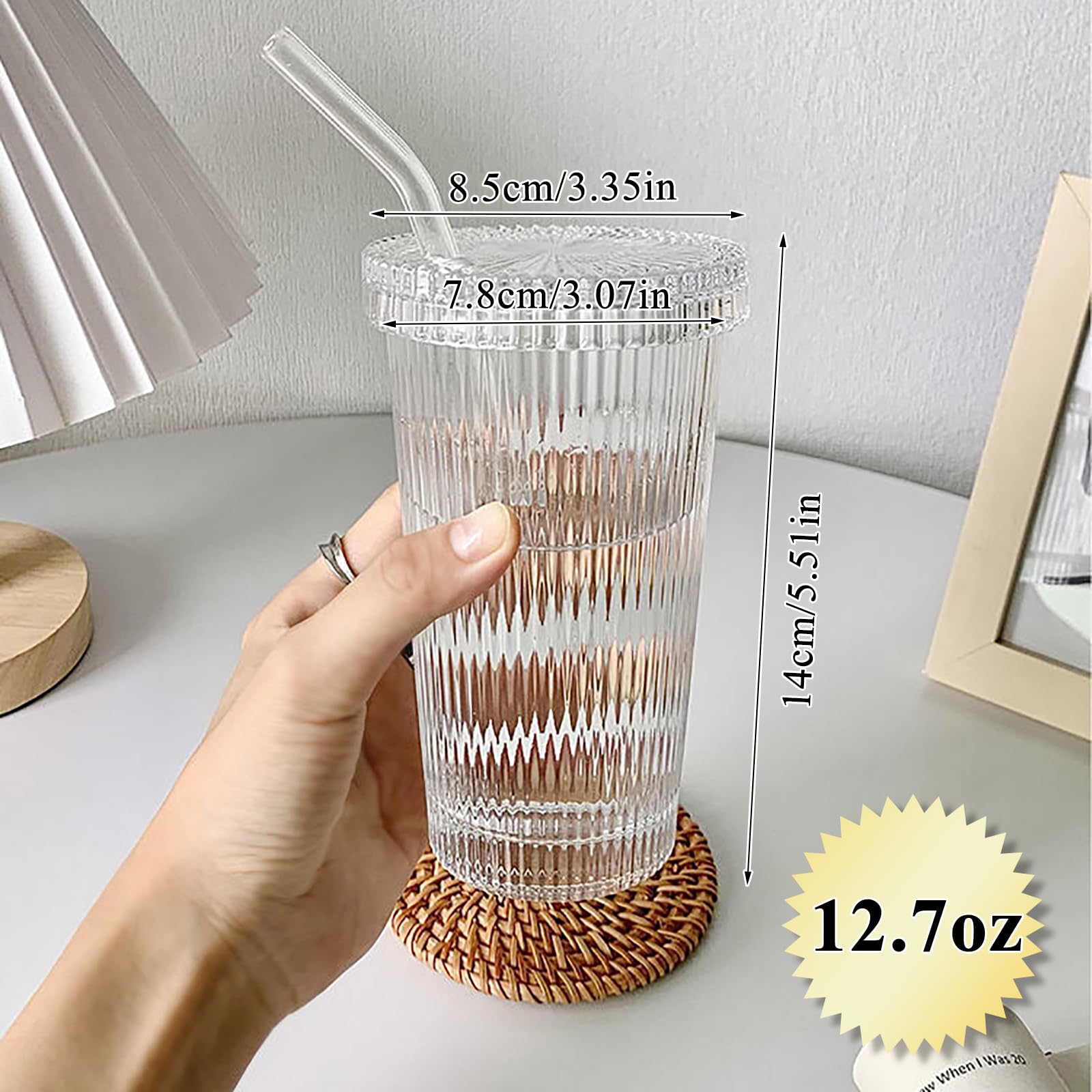 12.5oz Glass Coffee Cup with Lids & Straws - Leak-Proof, BPA-Free Drinking Glasses for Iced Coffee, Smoothies & Cold Beverages - Perfect for Home, Office & Cafe Use (Round Shape, Non-Screw Secure Lid)