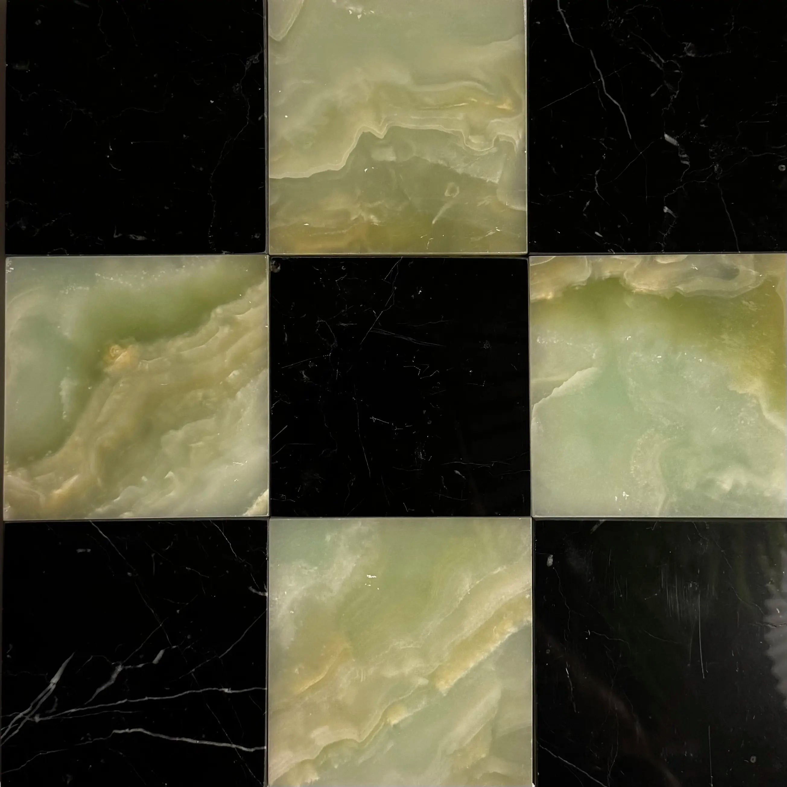 Premium Green Onyx and Nero Marquina Checkerboard Tiles - Polished or Honed Finish for Kitchen Backsplash, Bathroom Flooring, and Commercial Spaces