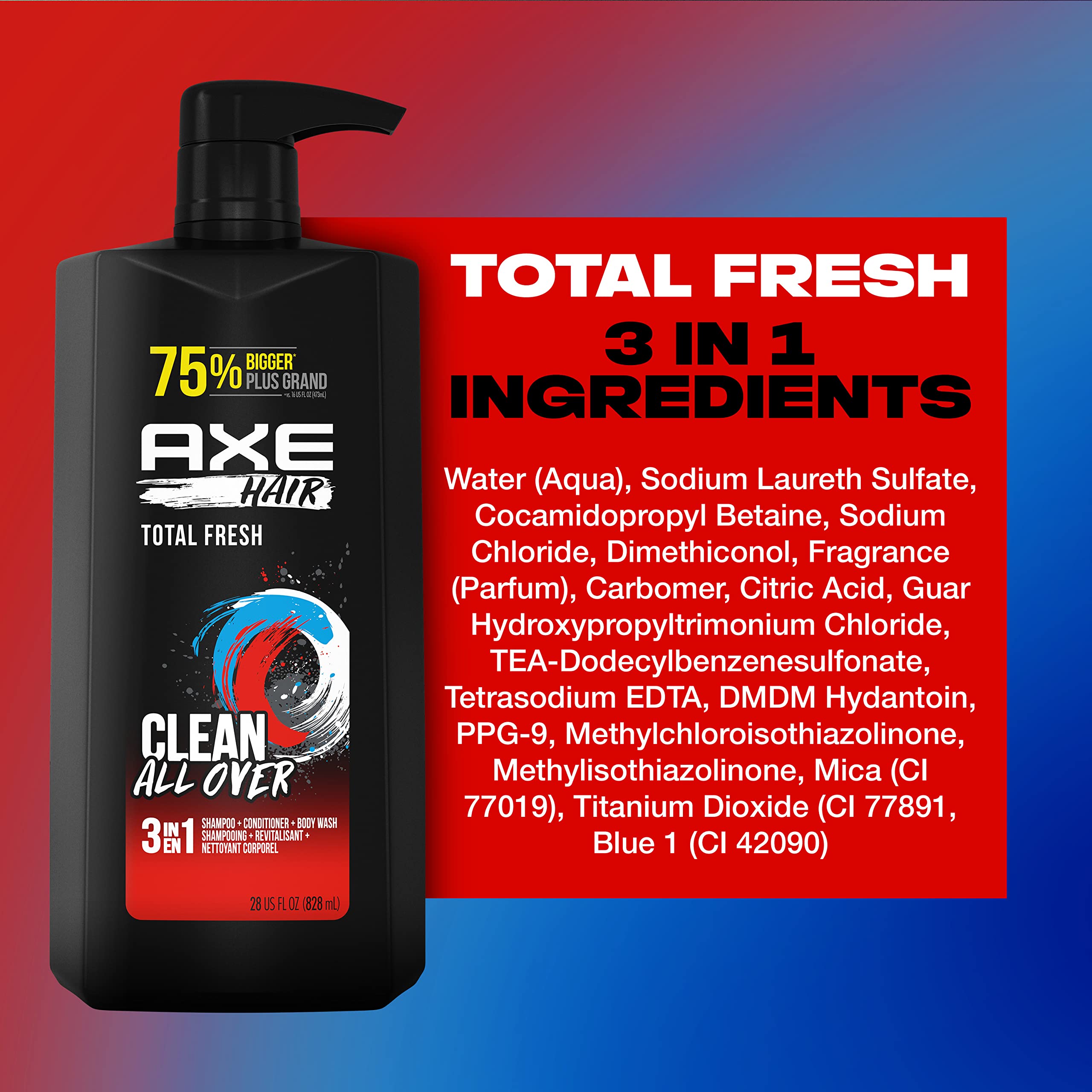 AXE 3-in-1 Body Wash, Shampoo & Conditioner for Men - Light Fresh Scent, 28 oz (4 Pack) | All-in-One Hair & Body Care | Gym, Travel & Daily Shower Essential
