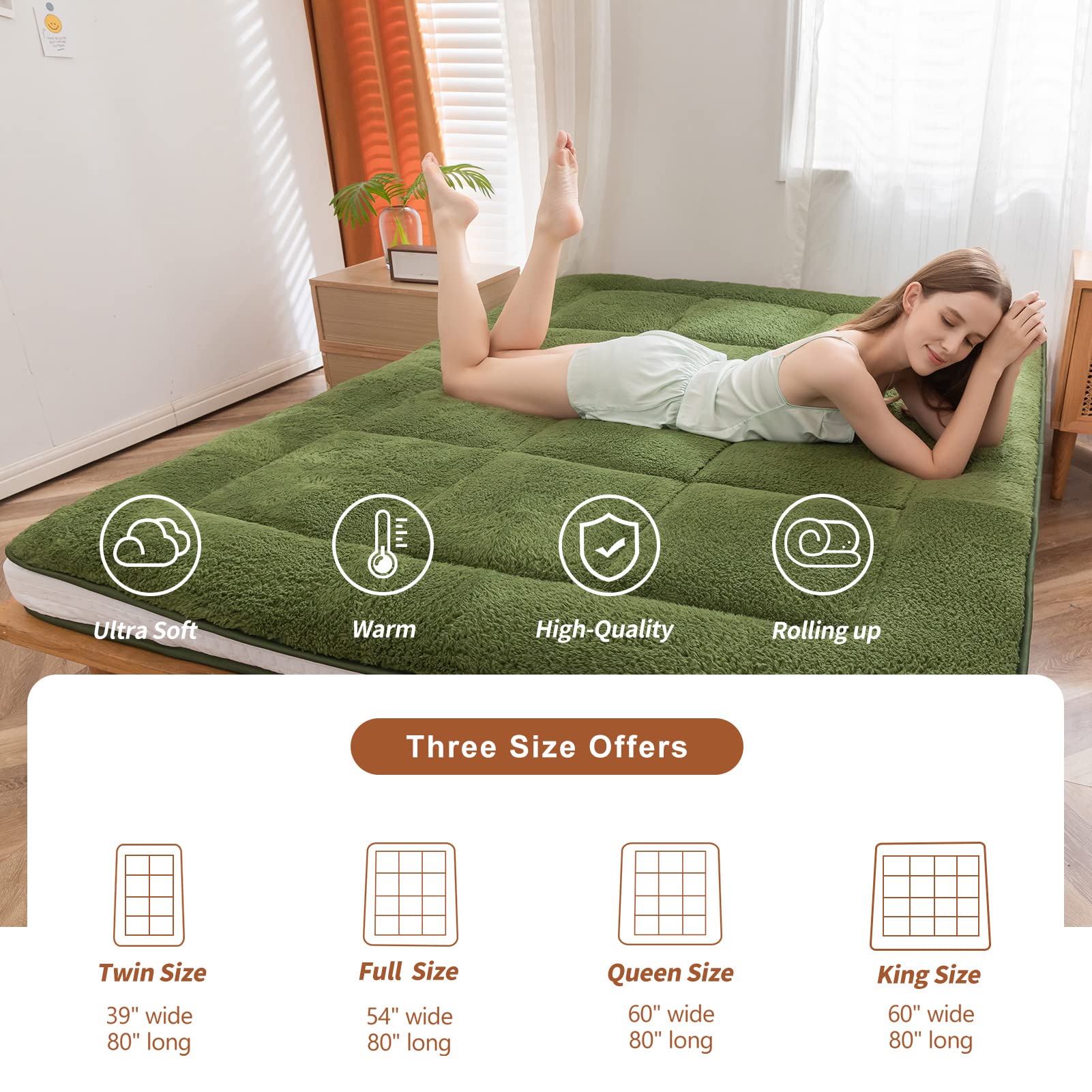 MAXYOYO Sherpa Fleece Padded Japanese Floor Mattress - Ultra Soft Wool-Like All-Season Floor Cushion in Green | Perfect for Living Room Lounging, Guest Bedding & Cozy Home Decor