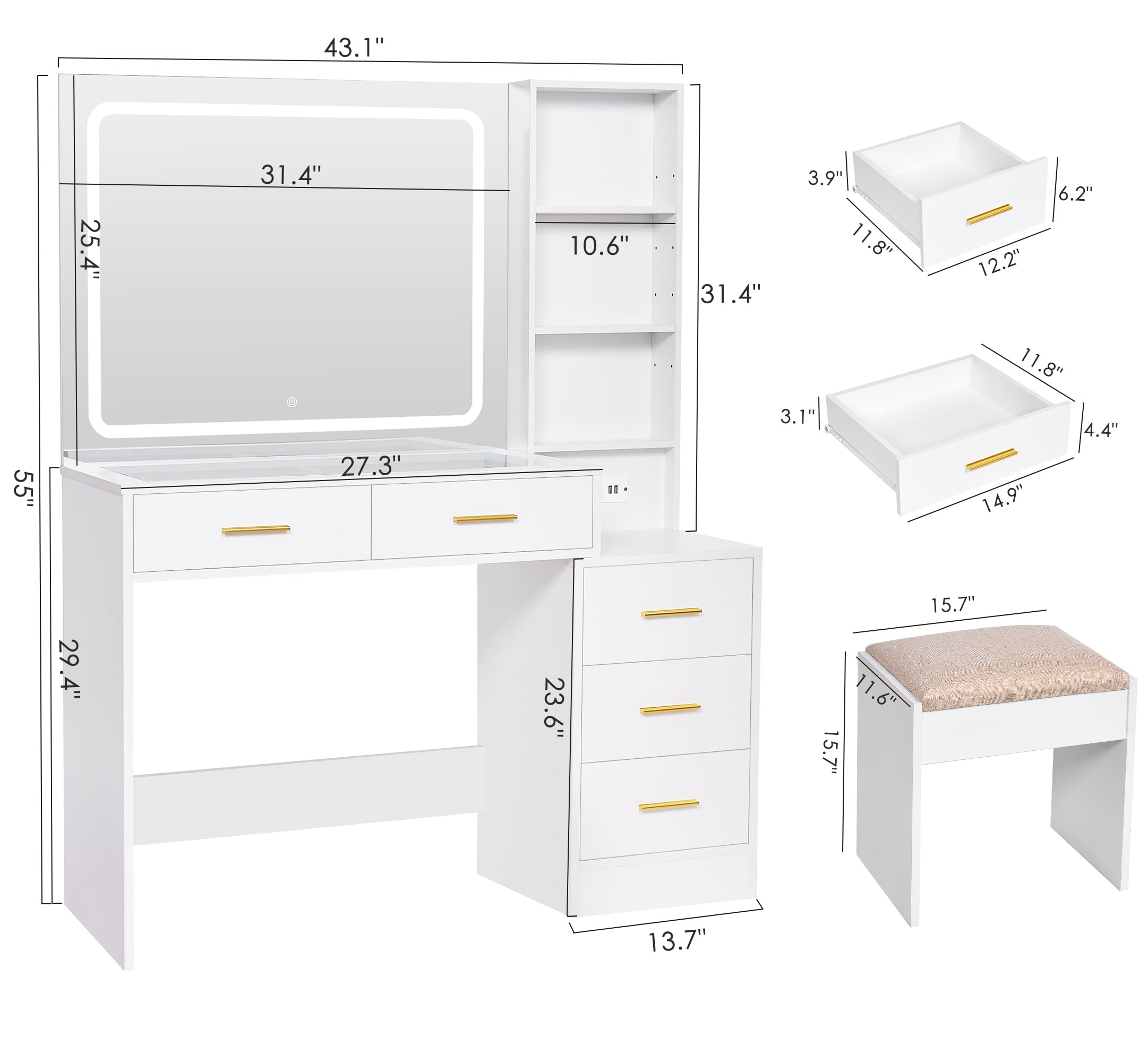 BEWISHOME White Makeup Vanity Desk with LED Lights, Mirror & Power Outlet - 5 Drawers Dressing Table with Glass Top, 3 Lighting Modes, Stool Included - Perfect for Bedroom, Girls Room & Beauty Salon Makeup Station