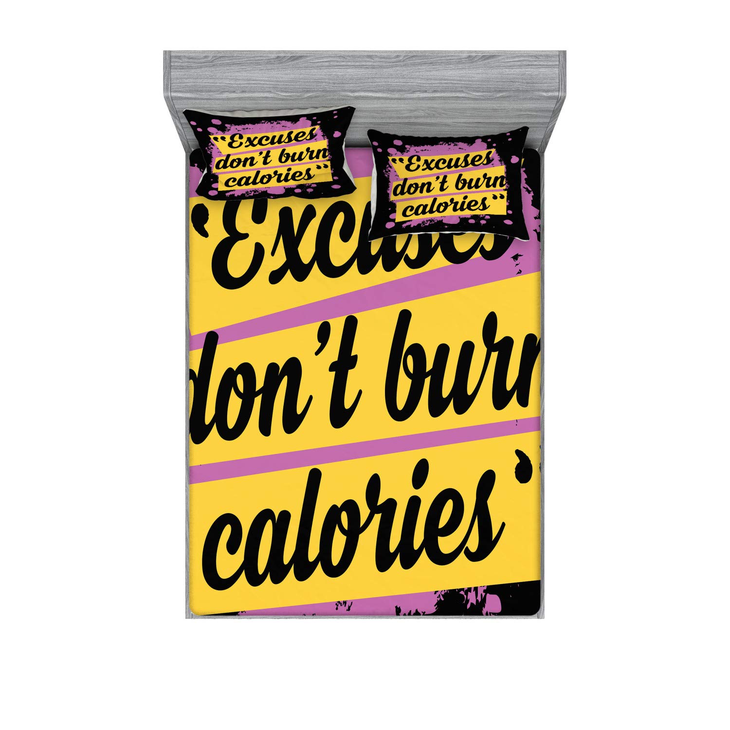 Ambesonne Fitness Fitted Sheet & Pillow Sham Set - Motivational Workout Quote 'Excuses Don't Burn Calories' - Modern 3-Piece Printed Bedding Set for King Size Beds in Lilac, Yellow & Black - Perfect for Home Gym Decor & Fitness Enthusiast Bedrooms