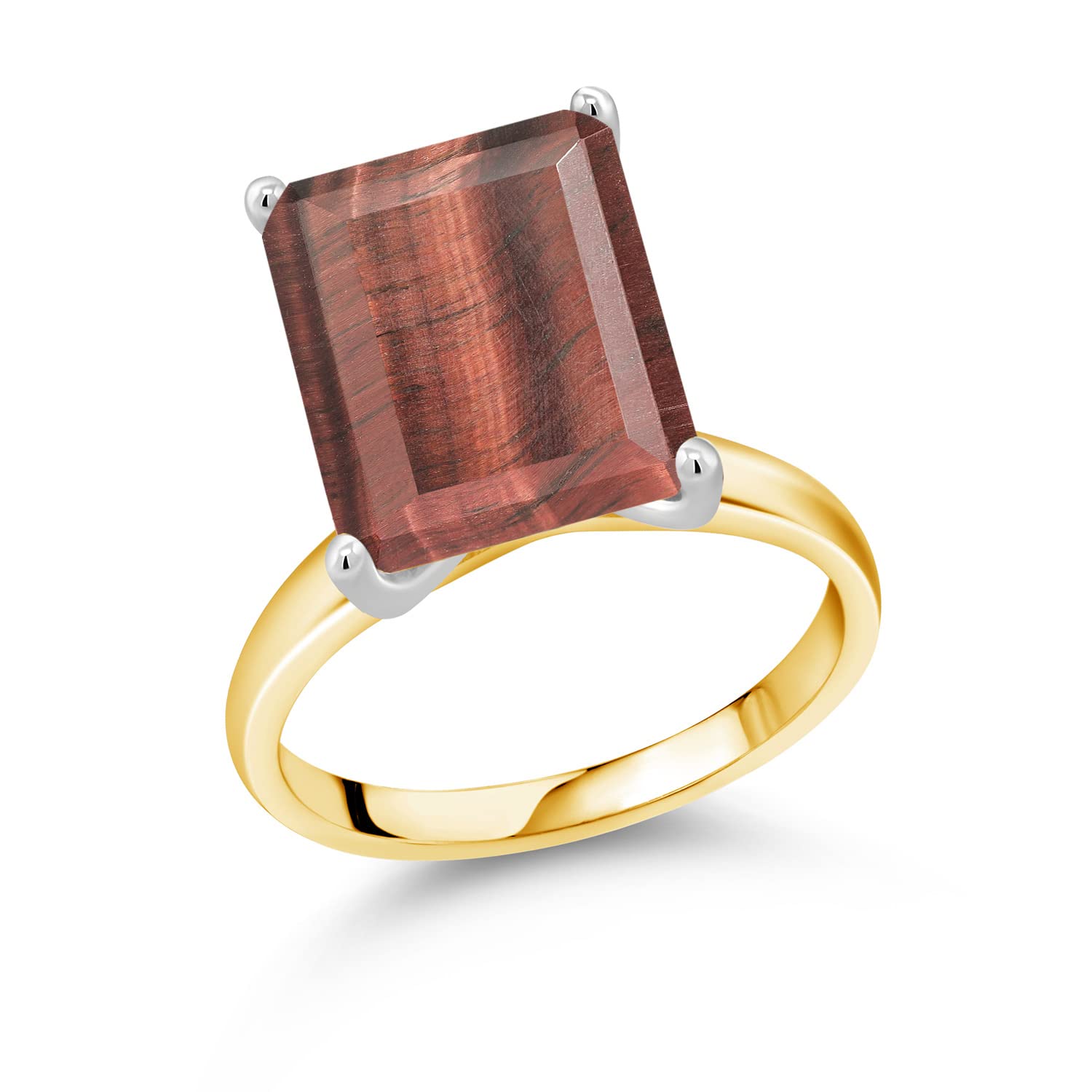 6.50 Ct Emerald Cut Red Tiger Eye 10K Yellow Gold Ring with White Gold Prongs - Gem Stone King | Elegant Jewelry for Women, Perfect for Weddings, Anniversaries & Special Occasions