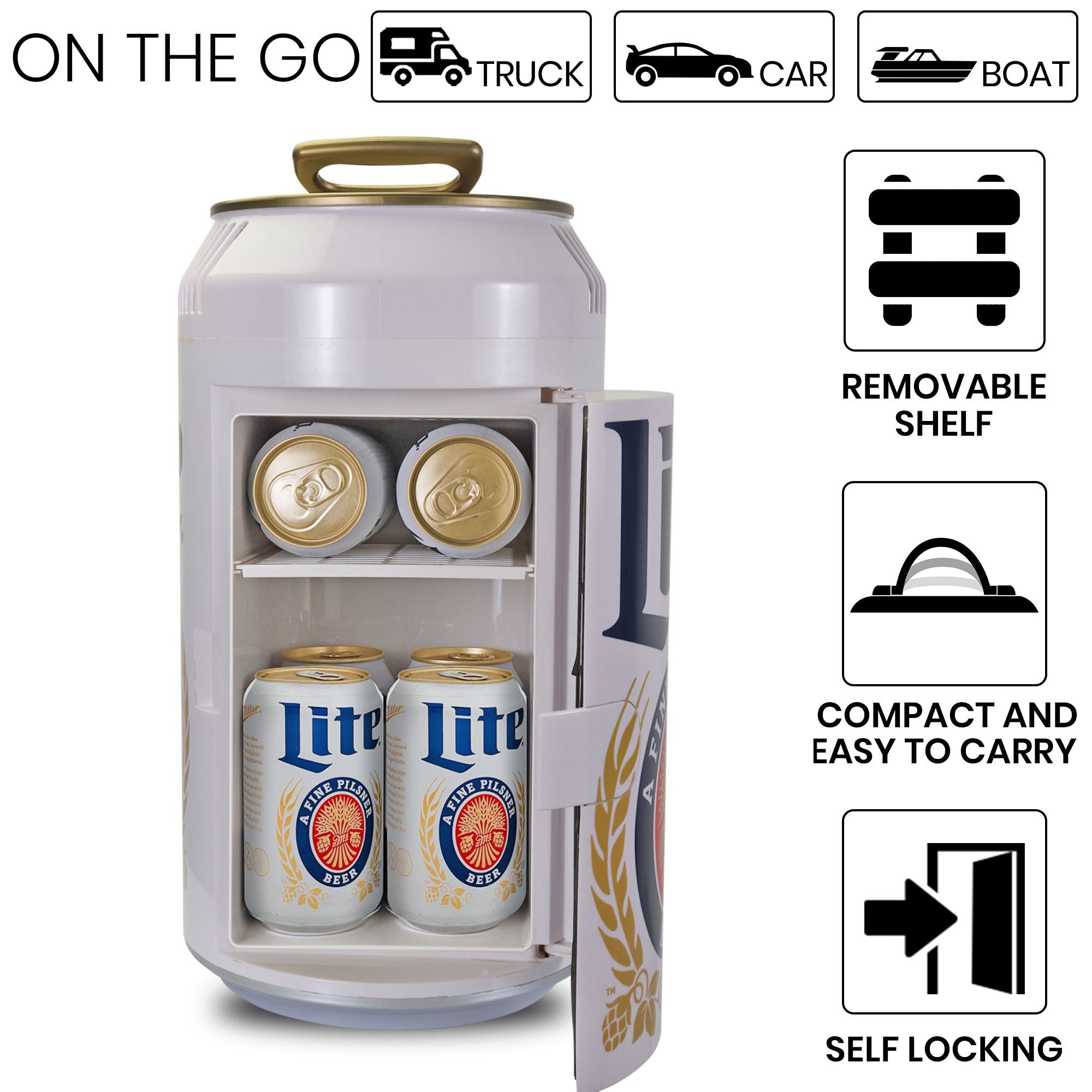 Miller Lite 8 Can Portable Mini Fridge - 5.4L (5.7 qt) Beer Cooler with 12V DC & 110V AC Power - Compact Personal Refrigerator for Beer, Drinks, Snacks & Lunch - Perfect for Home, Office, Dorm, RV, Camping & Travel - White Beer Can Shaped Design