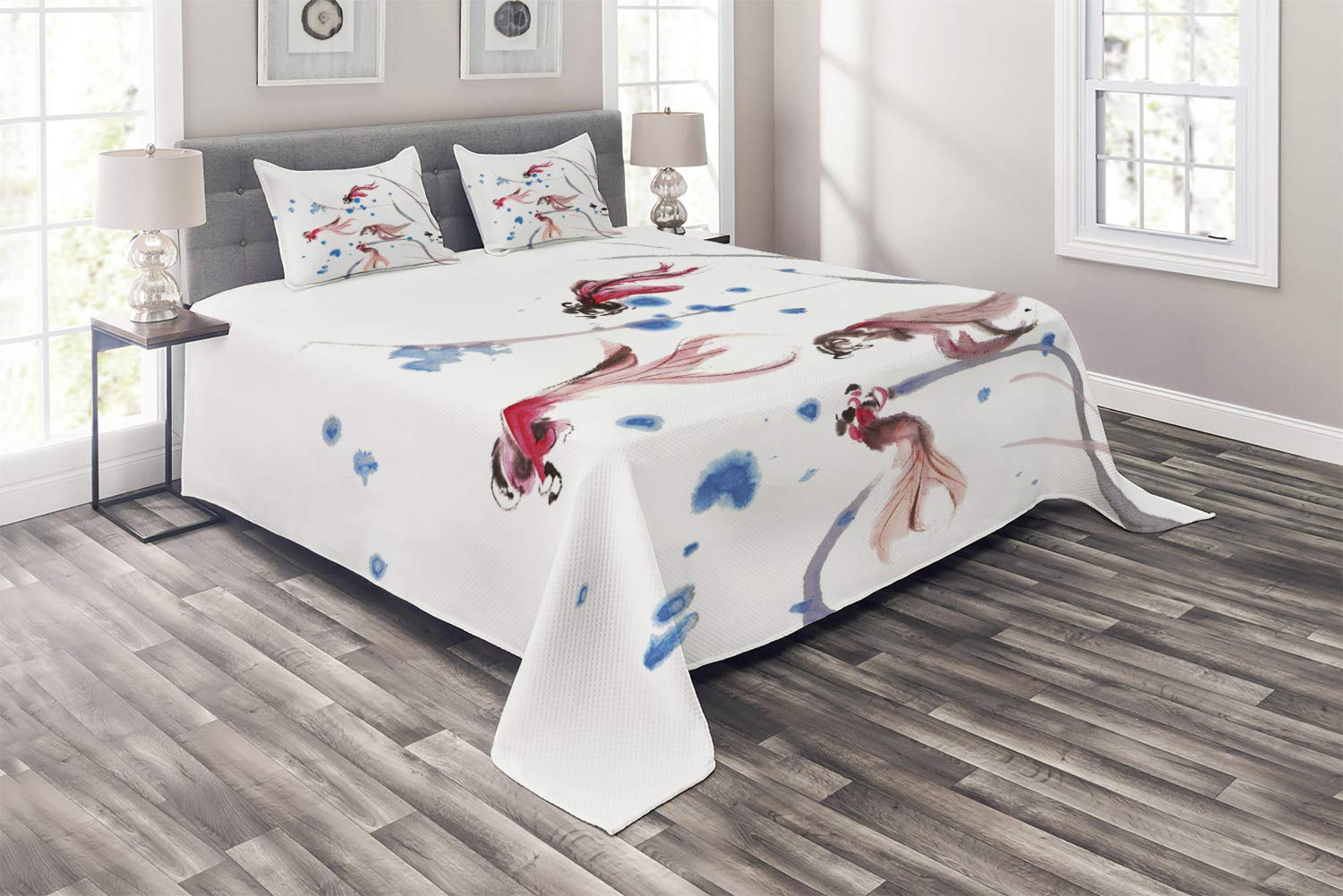Ambesonne Ethnic Coverlet Set - Chinese Traditional Ink Painting Koi Fish Design, 3-Piece Quilted Bedspread with 2 Pillow Shams, King Size, Red & Blue - Perfect for Asian-Themed Bedrooms, Zen Decor, or Cultural Home Styling