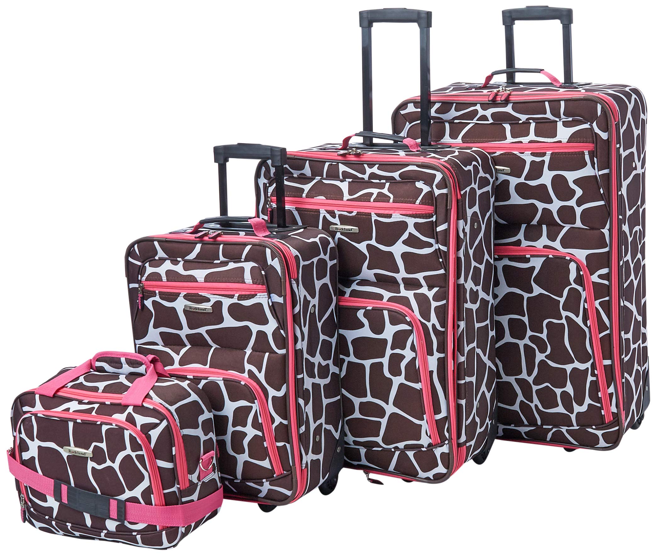 Rockland Fashion Softside Upright Luggage Set with Telescoping Handles - 4-Piece (14/19/24/28 Inch) Pink Giraffe Print Suitcases for Women & Teens - Perfect for Air Travel, Vacation & Business Trips