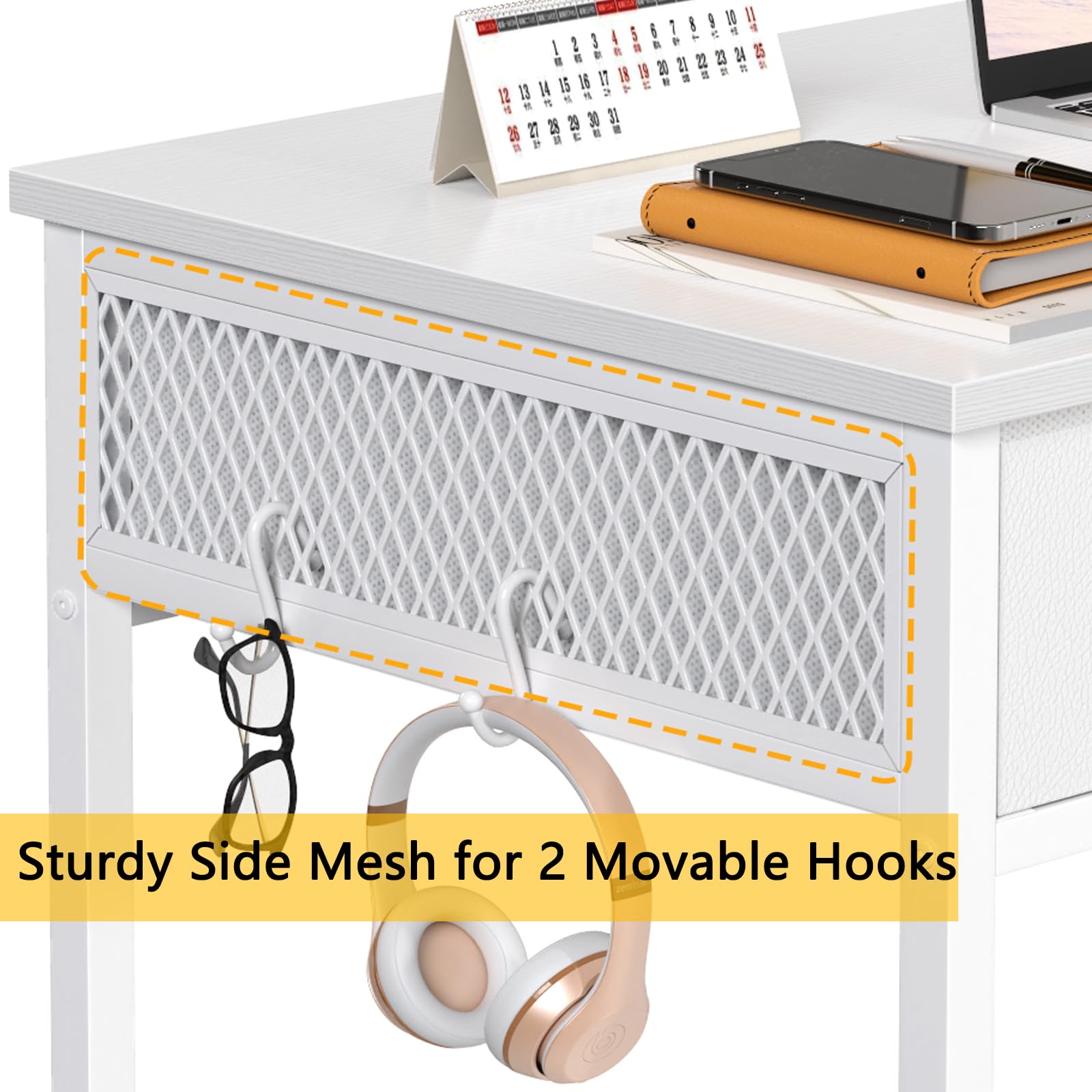 Furologee 36 Inch White Small Computer Desk with 2 Fabric Drawers - Simple Home Office Writing Desk, Vanity Desk with Hooks - Study Desk for Bedroom, Small Spaces - Perfect for Remote Work, Online Classes & Home Office Setup