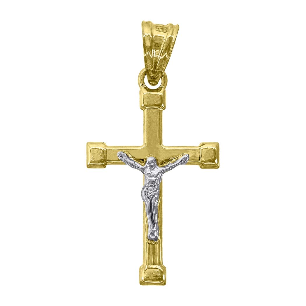 10K Gold Two-Tone Men's Cross Crucifix Pendant Necklace - 34mm Height x 16.9mm Width - Religious Jewelry Gift for Him - Perfect for Baptism, Confirmation & Daily Wear