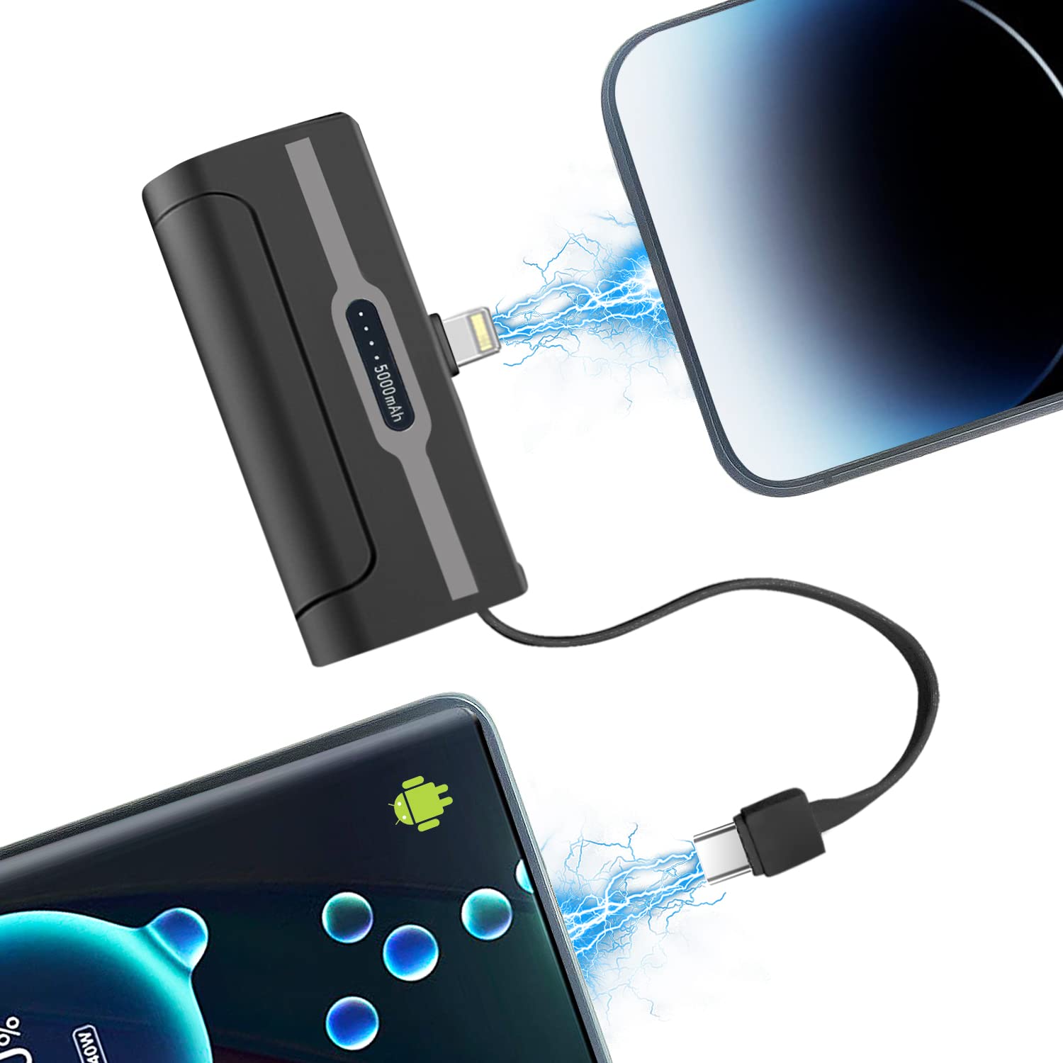 Portable 4800mAh Mini Power Bank - Fast Charging External Battery for iPhone (Direct Plugin) & USB-C Android Devices | Emergency Backup for Travel, Camping, and Daily Use - Black