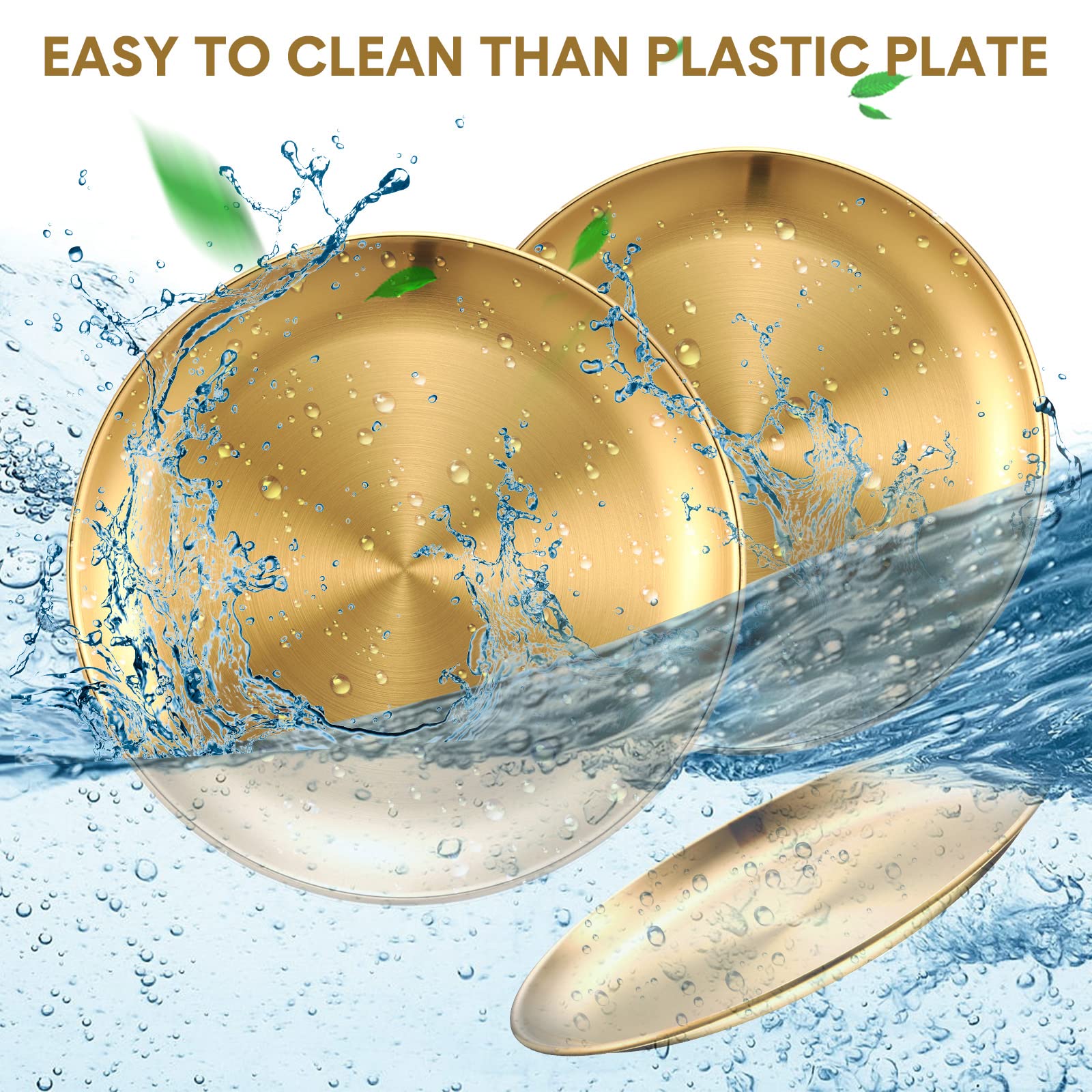 Honeydak 10-Pack 8-Inch 18/8 304 Stainless Steel Plates - Reusable Camping, Picnic & Outdoor Dinnerware - Dishwasher Safe, Double-Layer Design for Serving, Feeding & Desserts (Gold) - Perfect for BBQs, Parties, RV Trips & Camping Meals