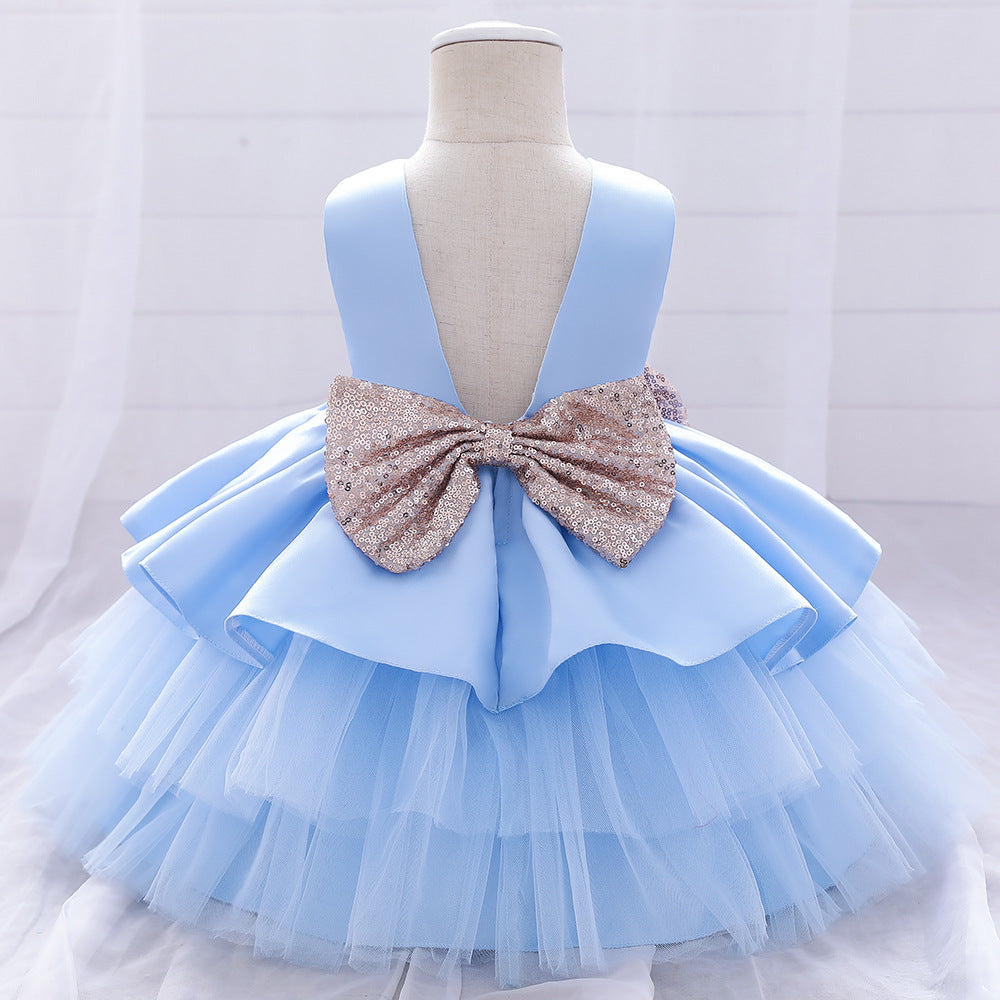Elegant Princess Satin & Tulle Flower Girl Dress with Ruffles & Bow - Perfect for Weddings, Baptisms & Special Occasions