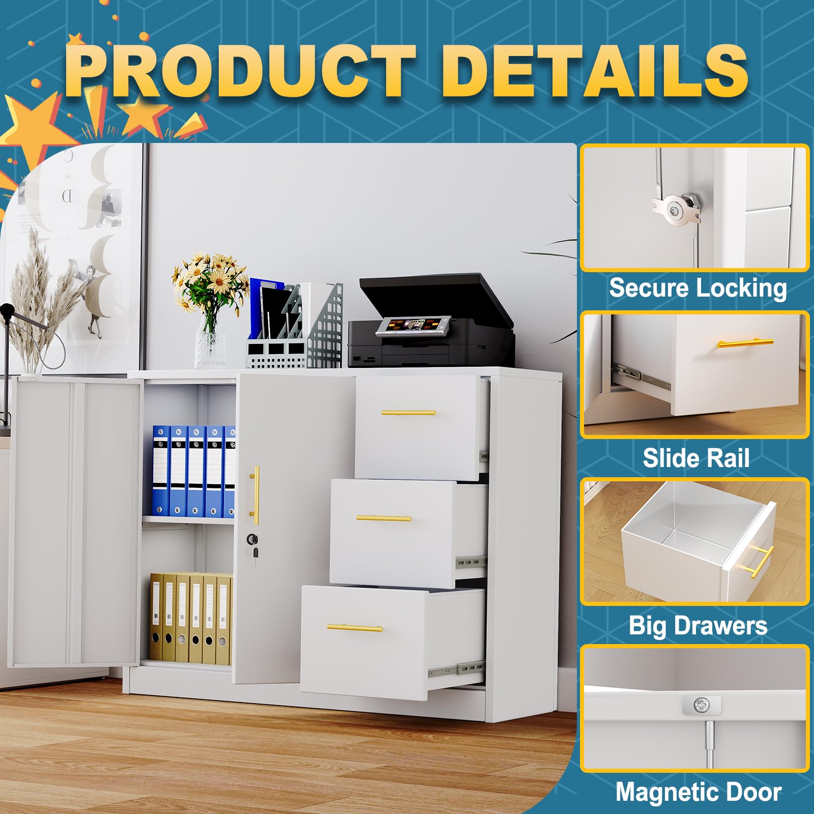 3-Drawer Lateral File Cabinet with Lock - Metal Filing Storage Cabinet for Office, Home, Garage, School & Gym - White - Perfect for Document Organization & Space Saving