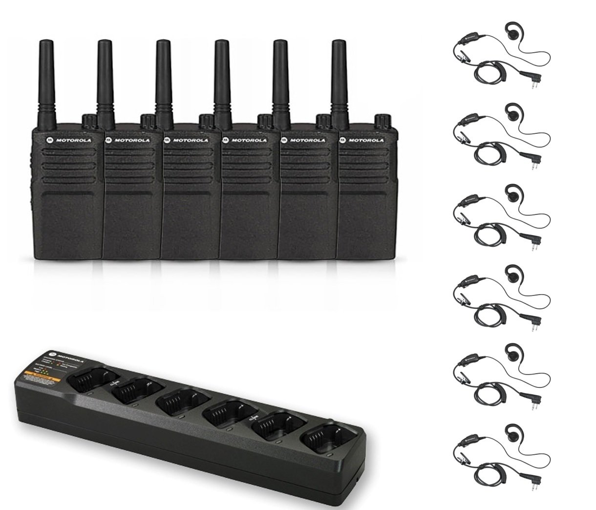 6-Pack Motorola RMU2040 Two-Way Radios with 6 PTT Earpieces & 6-Bank Charger - Ideal for Construction, Security, and Event Communication