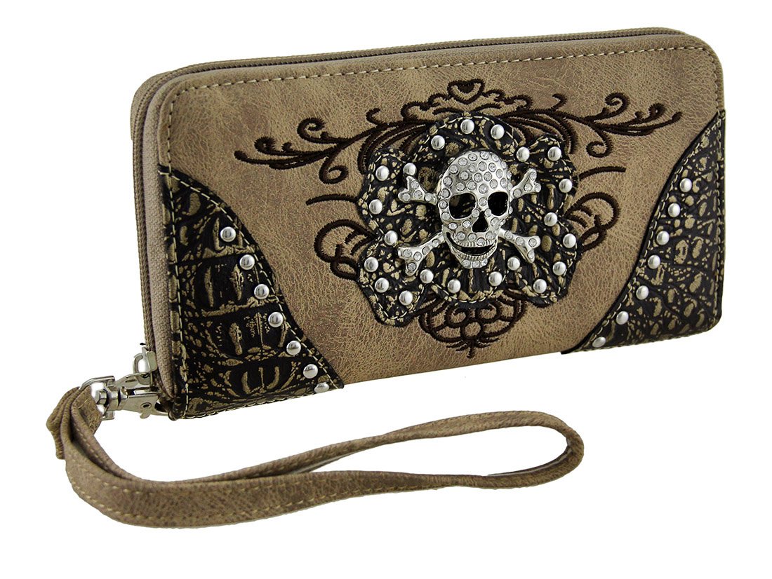 Sparkling Rhinestone Skull Design Metallic Trim Wallet with Detachable Wrist Strap - Perfect for Parties, Concerts & Gothic Fashion Accessories