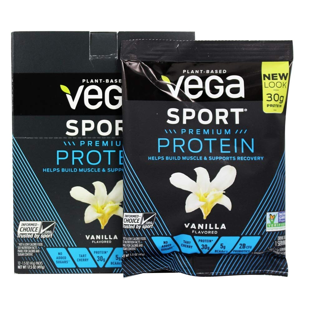Vega Sport Premium Vegan Protein Powder, Vanilla - 30g Plant Based Protein, 5g BCAAs, Low Carb, Keto, Dairy Free, Gluten Free, Non GMO, Pea Protein for Adults, 12 x 1.6 oz Sachets - Perfect for Post-Workout Recovery, Muscle Building & Healthy Lifestyle (Packaging May Vary)
