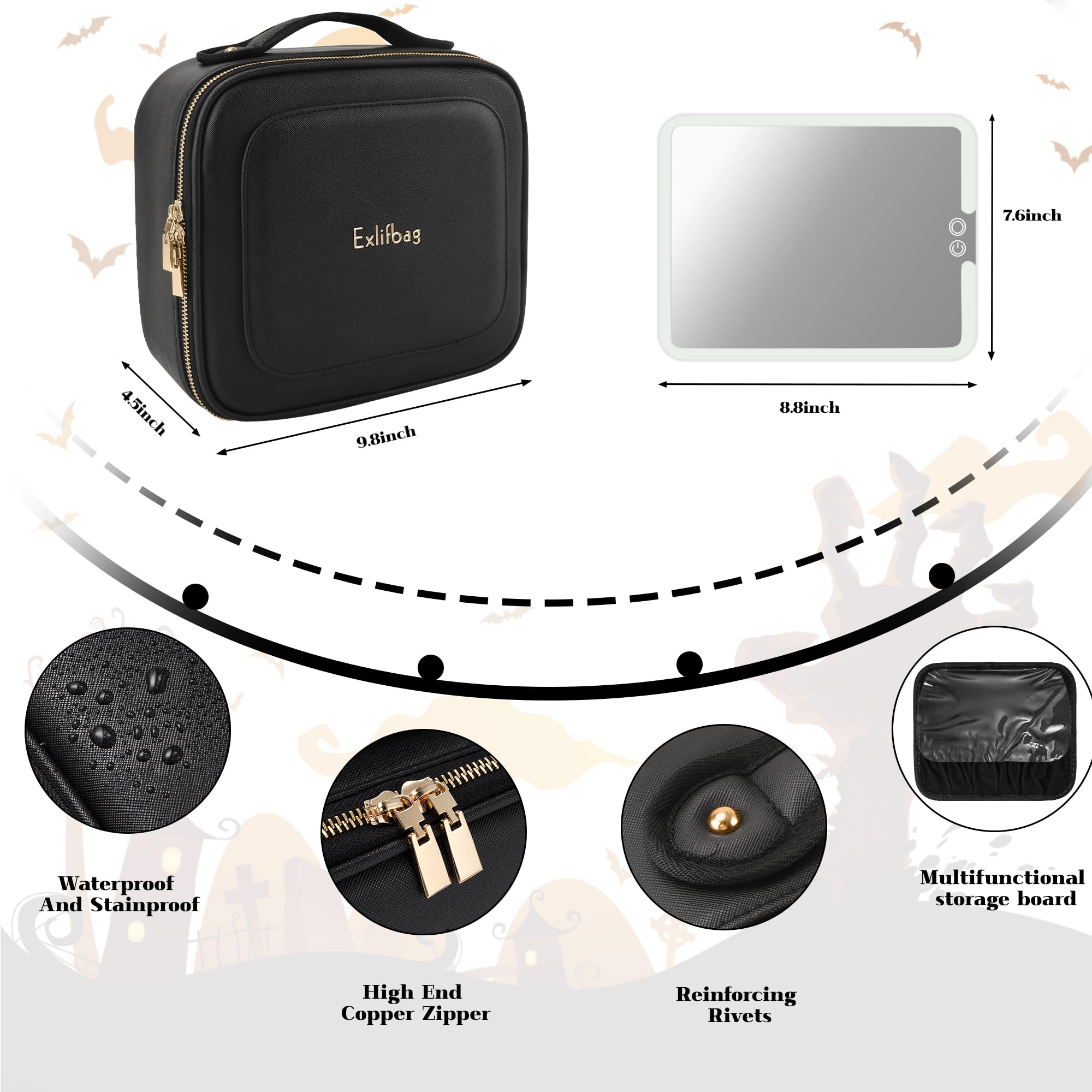 LED Mirror Makeup Bag - Portable Travel Cosmetic Organizer with Built-in Light, Waterproof & Spacious Design for Makeup Brushes & Essentials (Black) - Perfect for Travel, Home & On-the-Go Touch Ups