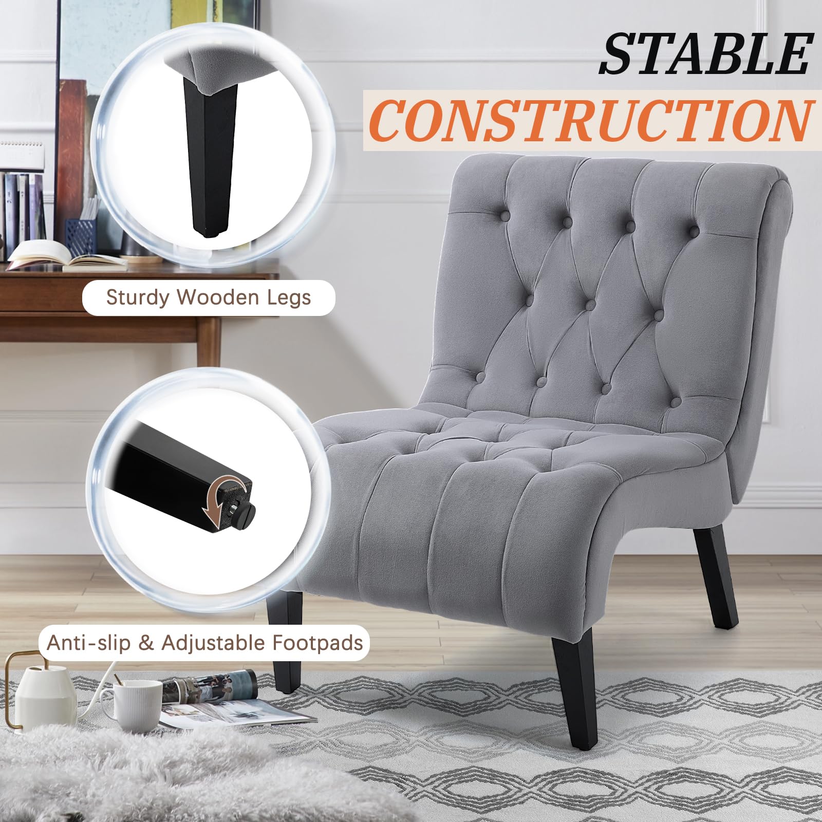 ECOTOUGE Velvet Upholstered Accent Chair - Armless Lounge Chair with Sturdy Wood Legs, Button Tufted Seat & Back for Ultimate Comfort | Perfect Reading Chair for Bedroom, Living Room & Home Office | Elegant Grey Home Decor