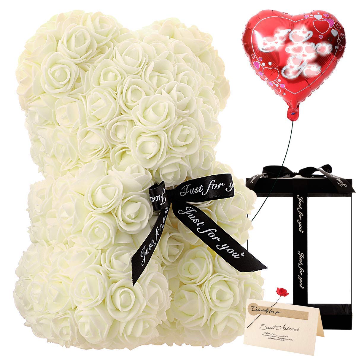 Handmade Rose Teddy Bear Gift for Women - Romantic Rose Flower Bear with Clear Gift Box & Greeting Card | Perfect for Mother's Day, Valentine's Day, Anniversary & Bridal Showers | Elegant Home Decor & Wedding Centerpiece (Milky White)