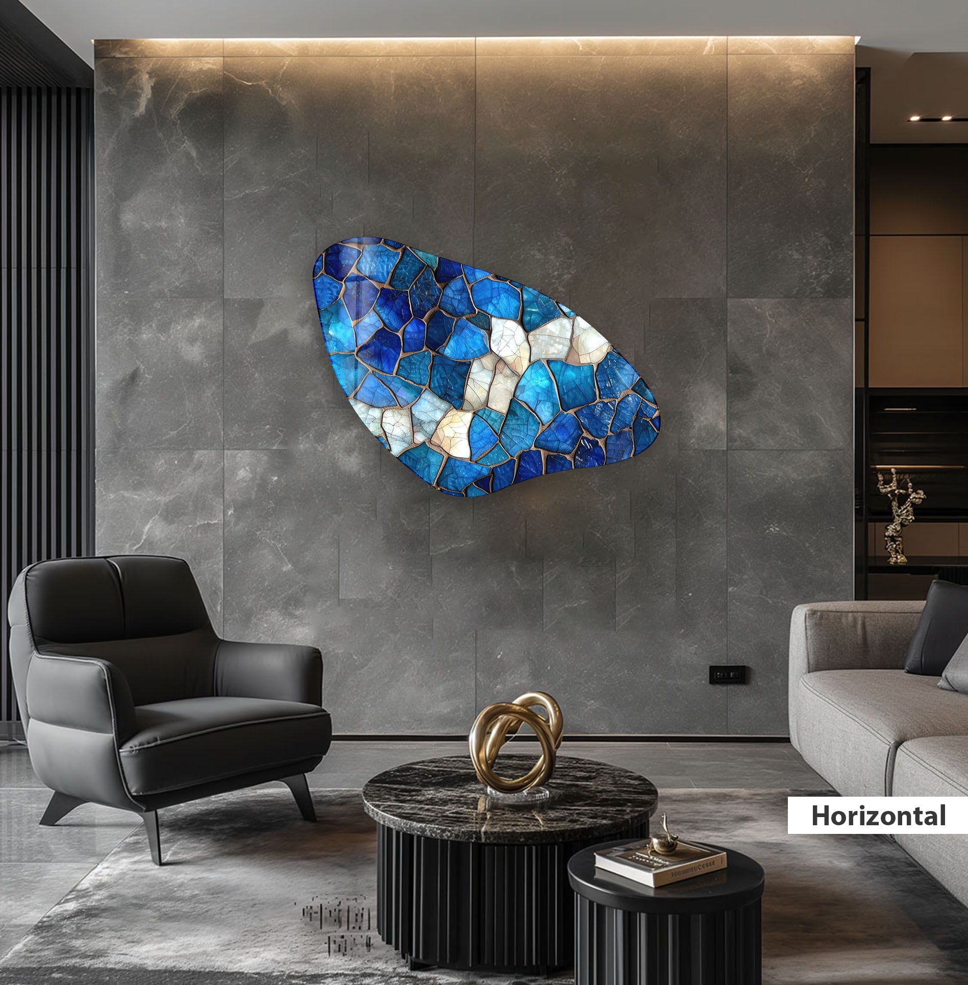 Handmade Blue Mosaic Asymmetrical Glass Wall Art - Modern Abstract Home Decor for Living Room, Bedroom & Office