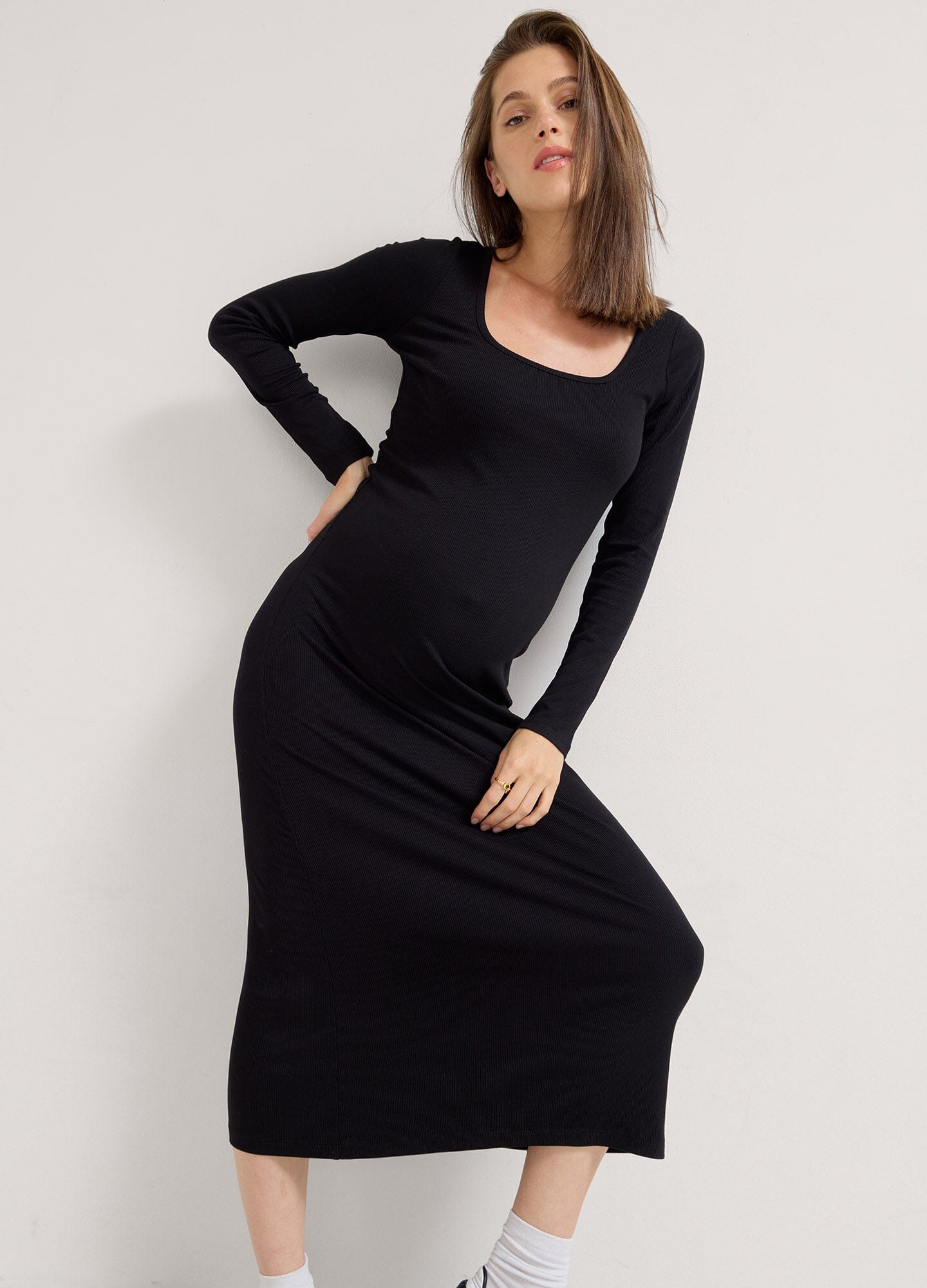 Long Sleeve Ribbed Knit Dress for Women - Stretchy Comfortable Bodycon Midi Dress - Perfect for Work, Date Night & Fall Layering