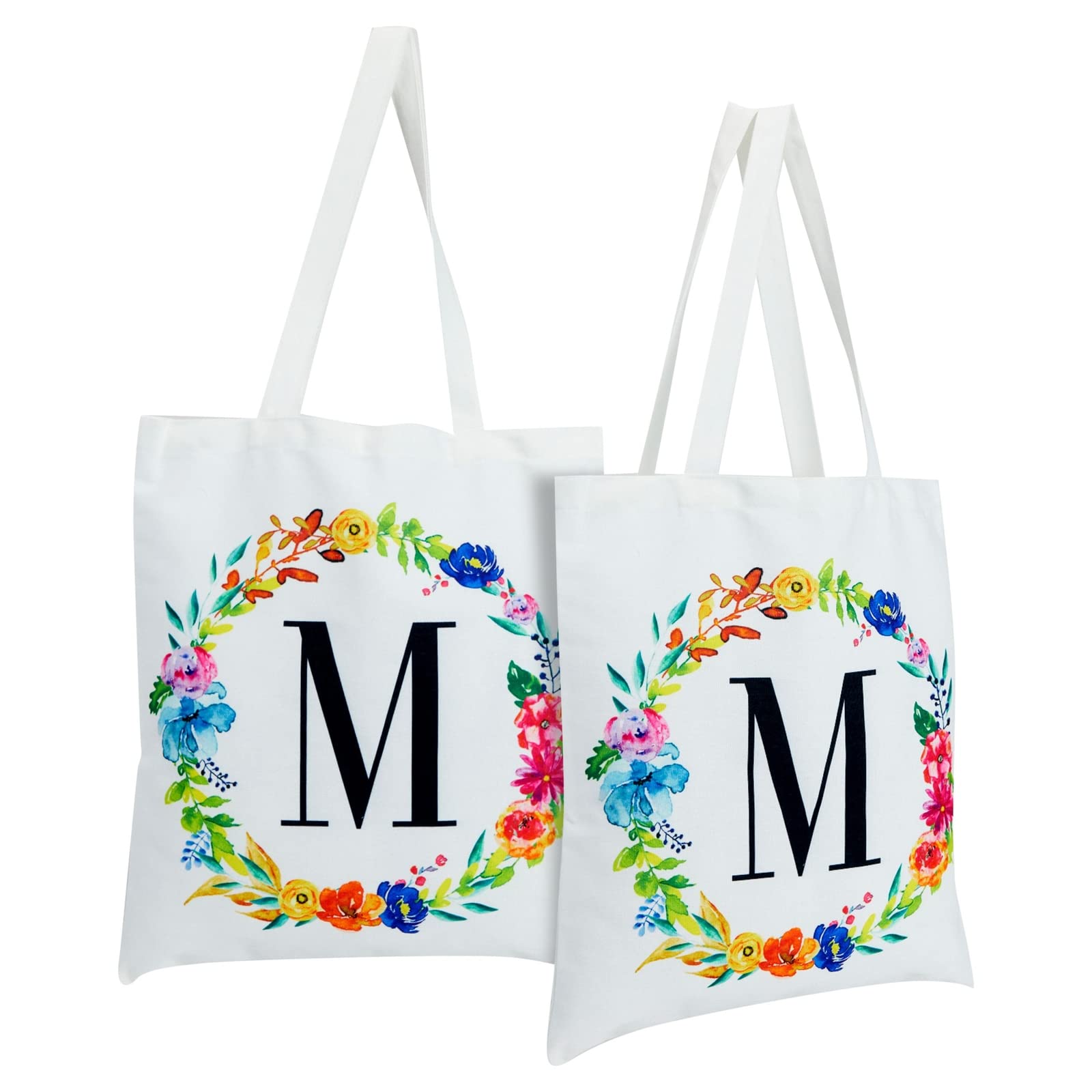 Personalized Monogram Letter Tote Bags Set of 2 - Floral Design Reusable Shopping Bags for Women (29 Inches) - Perfect for Grocery Shopping, Beach Trips & Everyday Use