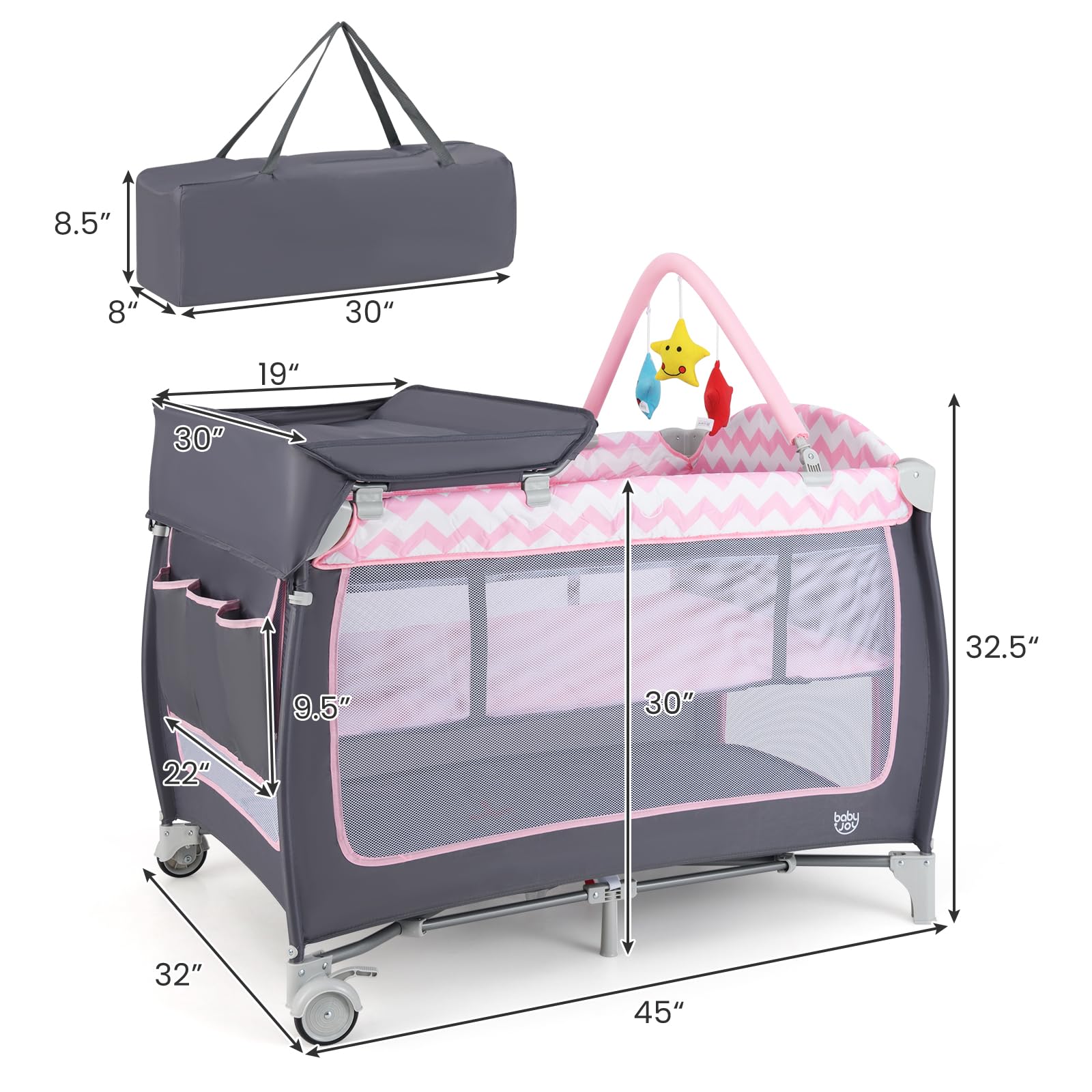 BABY JOY 4-in-1 Portable Playard with Bassinet, Changing Table & Toy Bar - Side Zipper Door, Lockable Wheels & Carry Bag - Indoor, Outdoor & Travel Nursery Center for Babies & Toddlers - Perfect for Home, Travel & Playtime