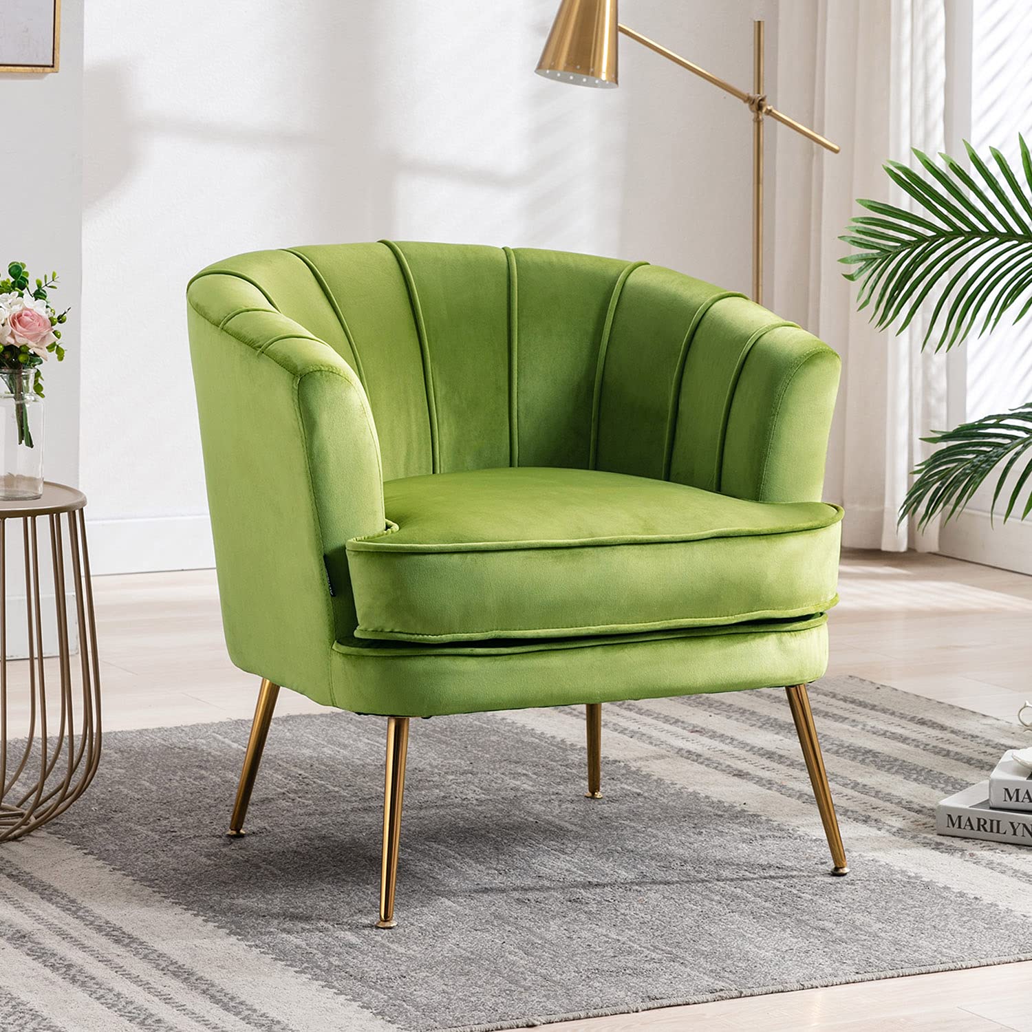 Altrobene Velvet Barrel Accent Chair - Modern Club Armchair with Gold Legs, Comfy Lounge & Reading Chair for Living Room or Bedroom in Grass Green - Perfect for Cozy Corners, Reading Nooks & Stylish Home Decor