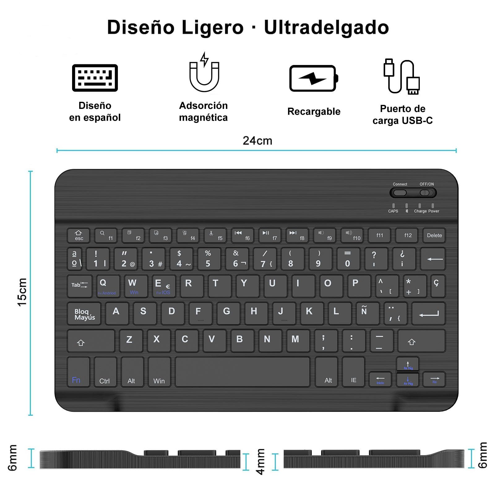 SENGBIRCH - Spanish Bluetooth Keyboard with Ñ Key for iPad Pro 11, iPad 7/8/9/10 Gen, iPad Air, Mac, Android Tablets - Compatible with Samsung Galaxy & Lenovo (Black) | Perfect for Typing, Office Work & Remote Learning