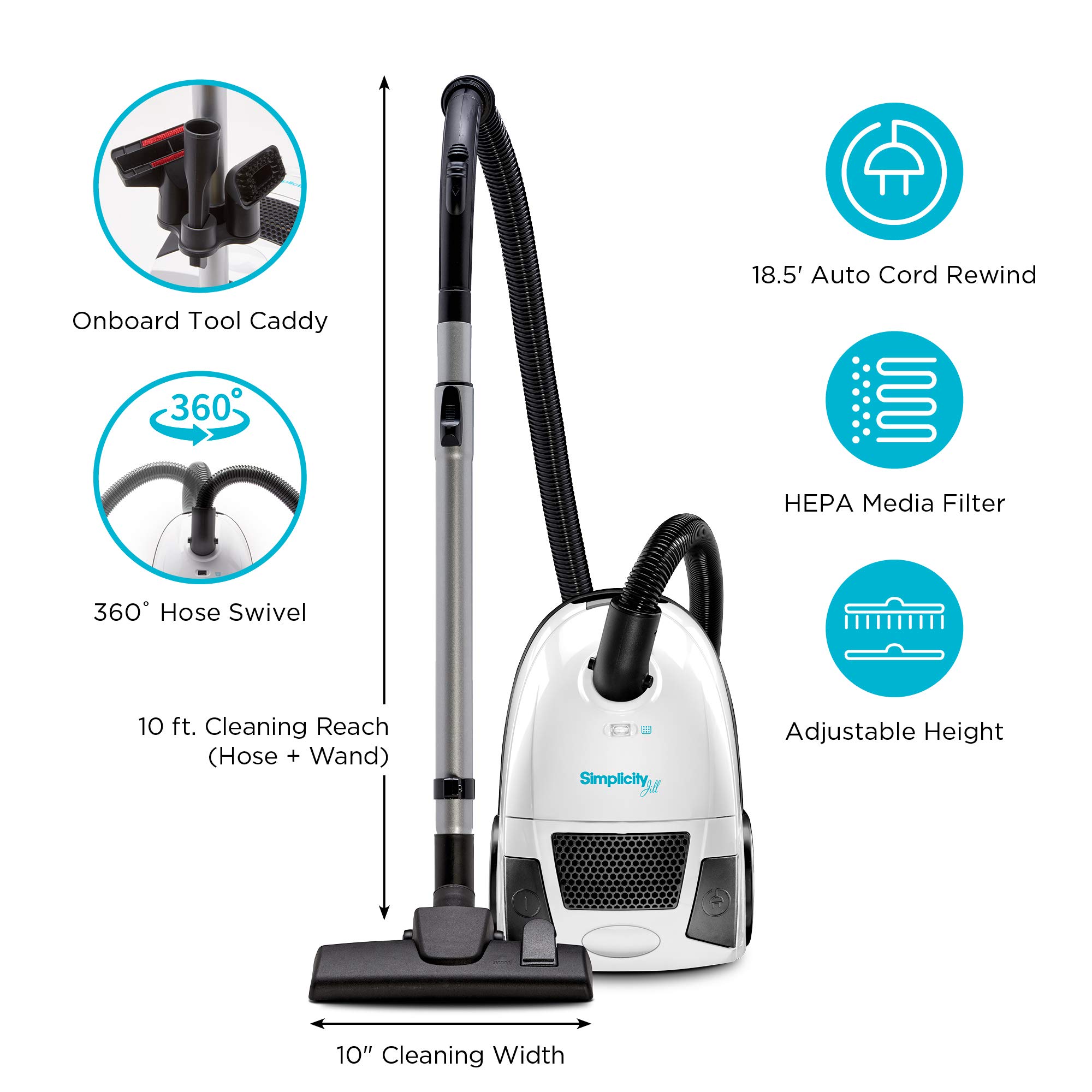 Simplicity Jill Compact Canister Vacuum Cleaner for Hardwood Floors & Rugs - HEPA Filtration, Bagged System - Perfect for Pet Hair, Dust & Allergen Removal in Homes & Apartments
