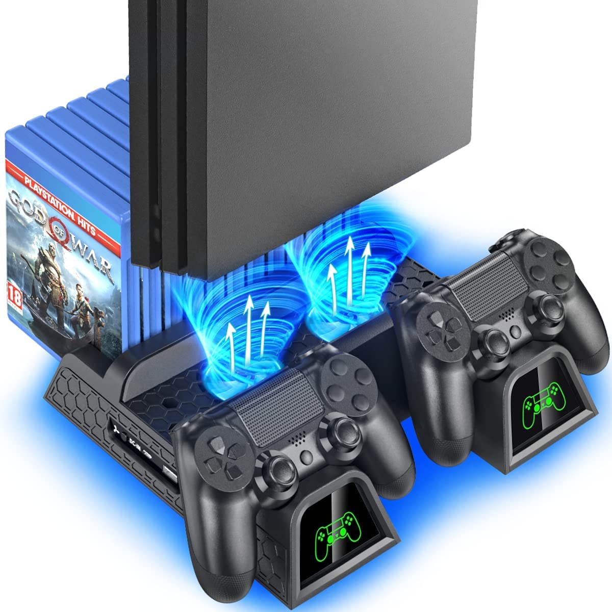 OIVO PS4 Stand with Cooling Fan - Vertical Stand for PlayStation 4/PS4 Slim/PS4 Pro | Includes Controller Charger Dock & 12 Game Storage Slots | Perfect for Gaming Setups & Console Protection