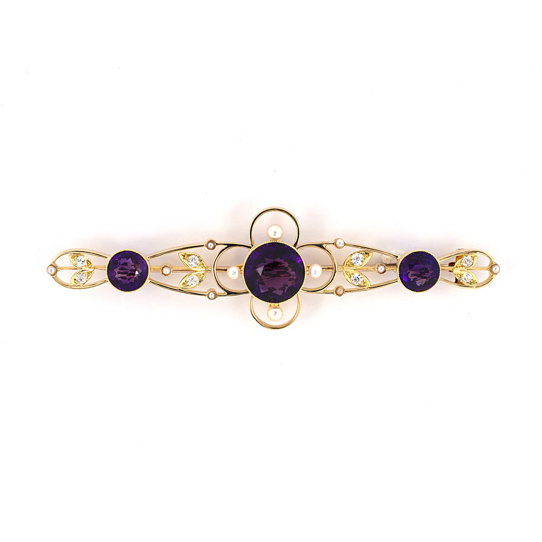 Victorian Style Amethyst, Diamond & Pearl Floral Bar Pin - Antique Jewelry for Women, Vintage Brooch for Dresses, Coats & Special Occasions