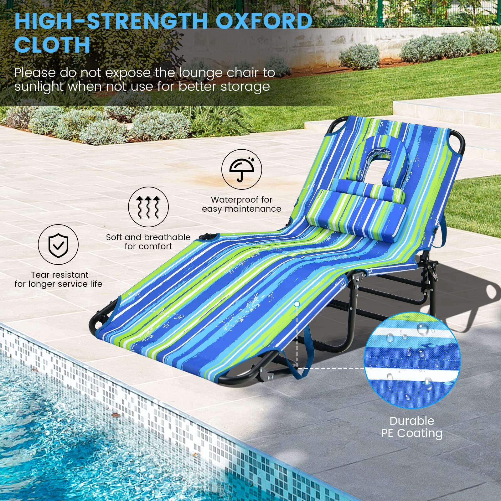 GYMAX 350lbs Heavy Duty Tanning Chair with Face Hole - Adjustable Folding Chaise Lounge for Beach, Pool, Patio - Includes Washable Pillow & Carry Strap - Perfect for Sunbathing, Relaxing Outdoors, Backyard Lounging (Stripe)