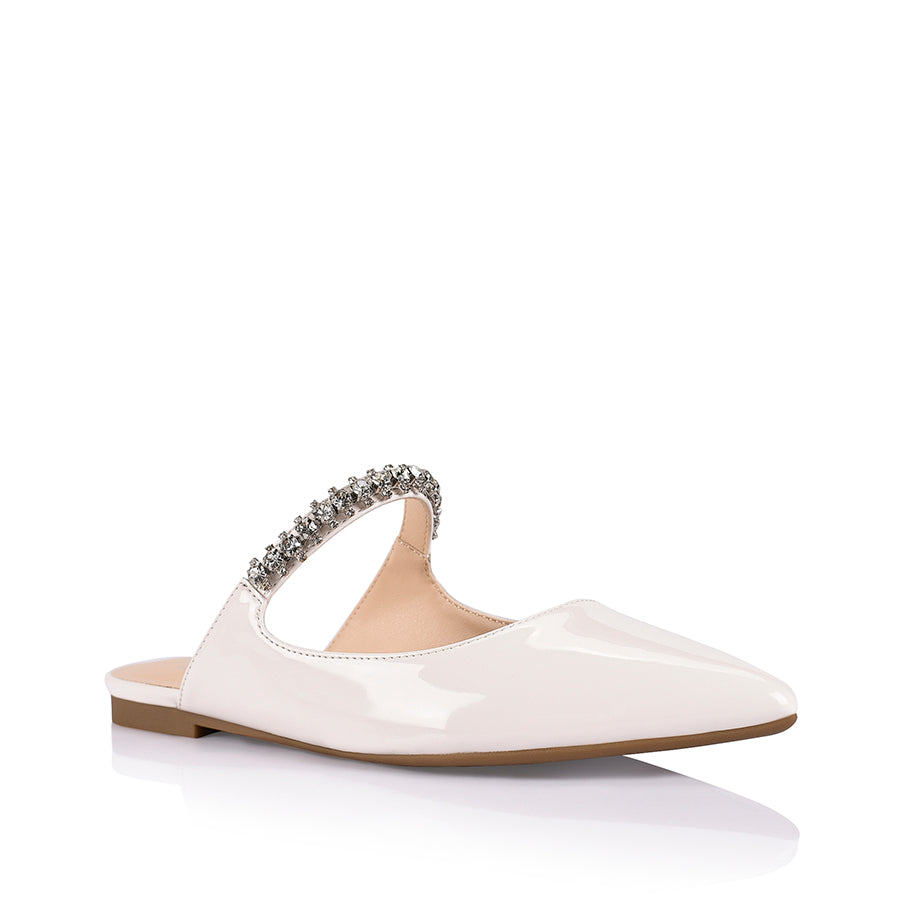 Isabel Crystal Flat Mules - Ivory Patent Leather Slip-On Shoes for Women | Comfortable & Stylish Summer Sandals for Beach, Wedding & Casual Outings