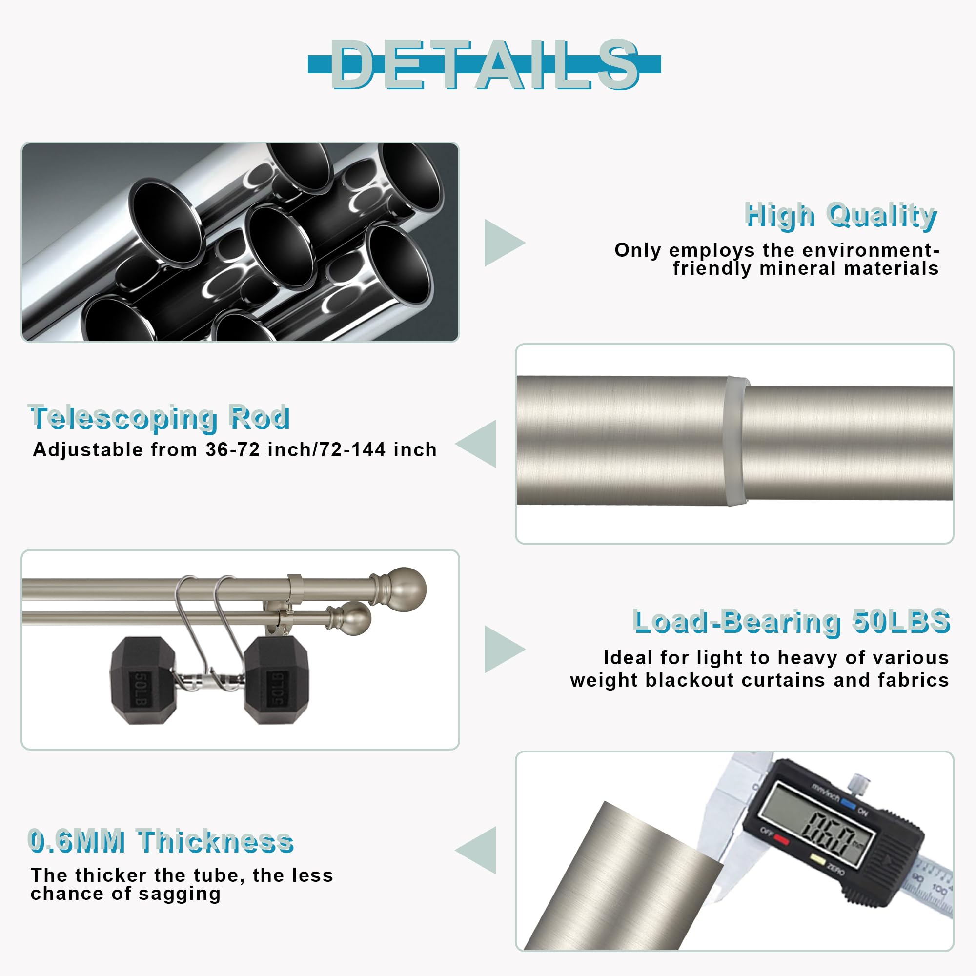 Brushed Nickel Double Curtain Rods 72-144 Inch Adjustable - 1’’ Front & 5/8’’ Back Drapery Rod with Round Finials & Aluminum Brackets - Dual Window Rod for Sheer & Blackout Curtains - Perfect for Living Room, Bedroom & Home Decor