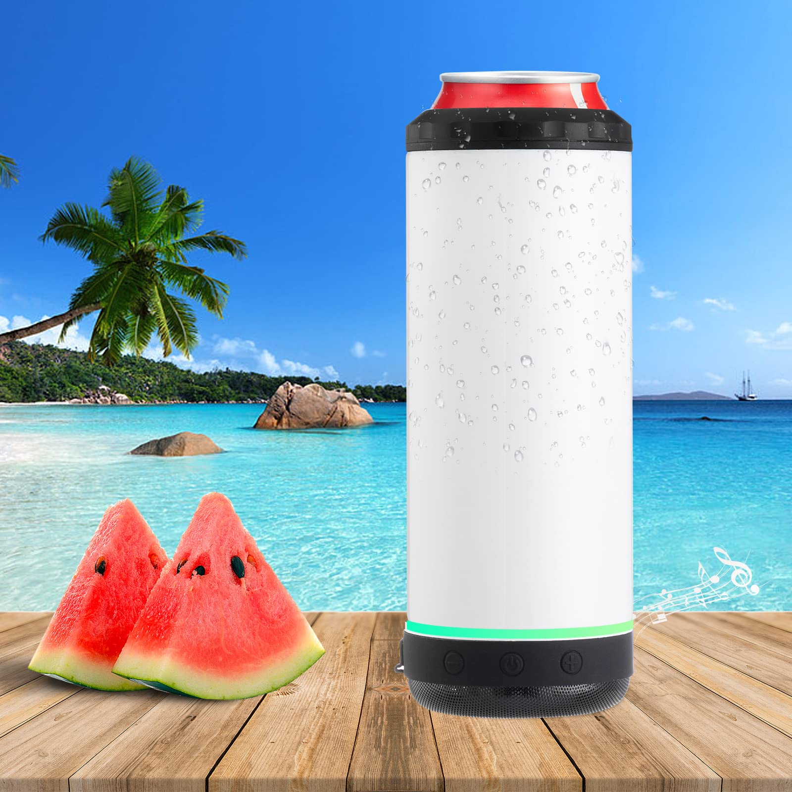 INSTOME 4-in-1 Sublimation Can Cooler with Bluetooth Speaker - 16oz Insulated Beer Can Holder with Detachable LED Light - Perfect for Summer Beach Parties, Camping & Outdoor Events (Black)