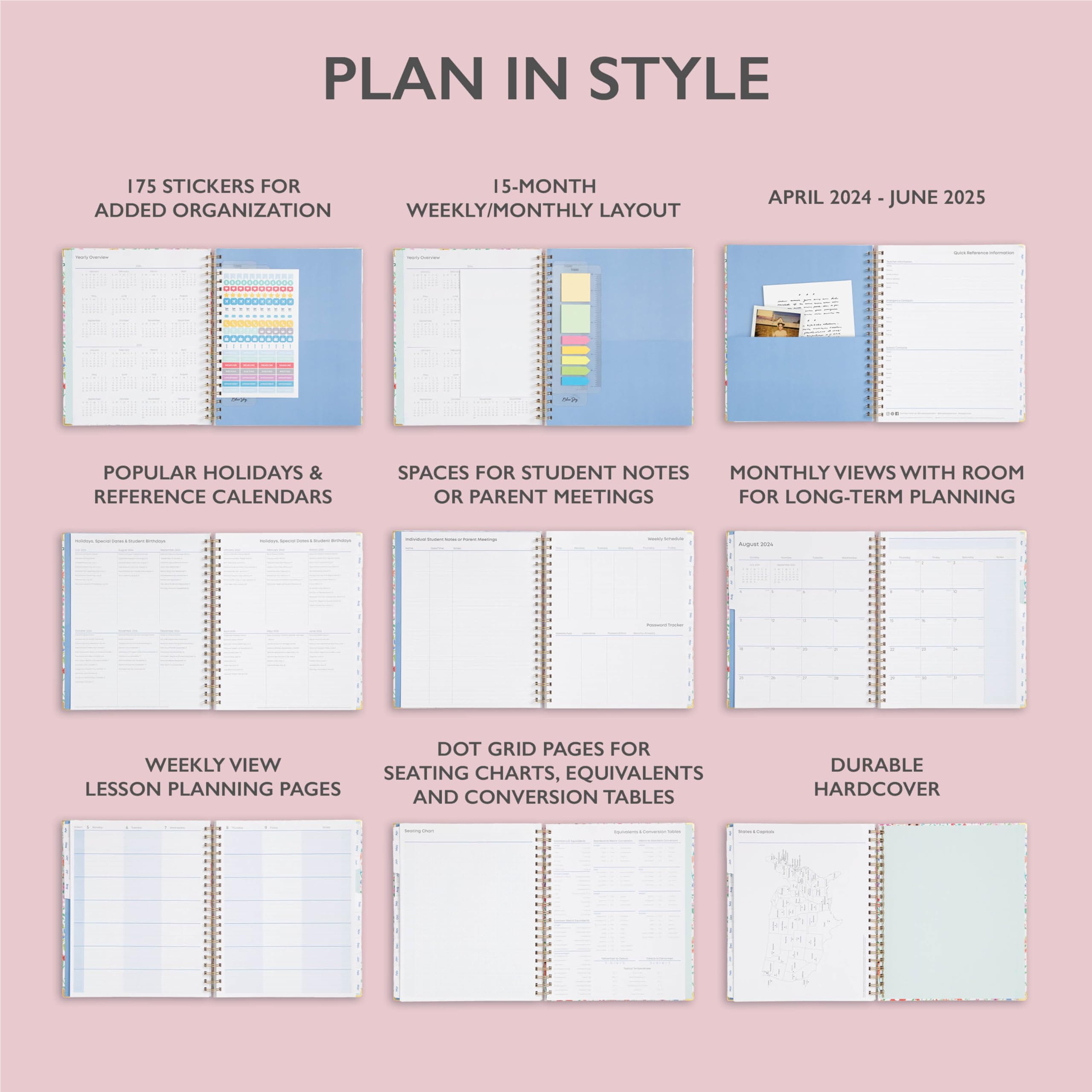 Blue Sky 2024-2025 Academic Year Teacher Planner - Weekly & Monthly Lesson Organizer, 8.5