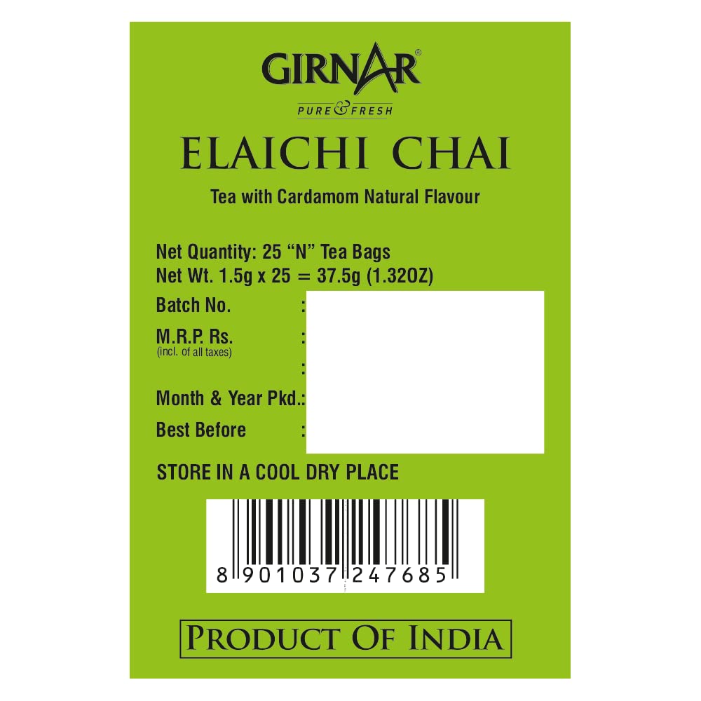Premium Girnar Elaichi (Cardamom) Tea Bags - 25 Count | Aromatic Spiced Indian Herbal Tea for Relaxation & Digestion | Perfect for Morning Boost or Evening Relaxation